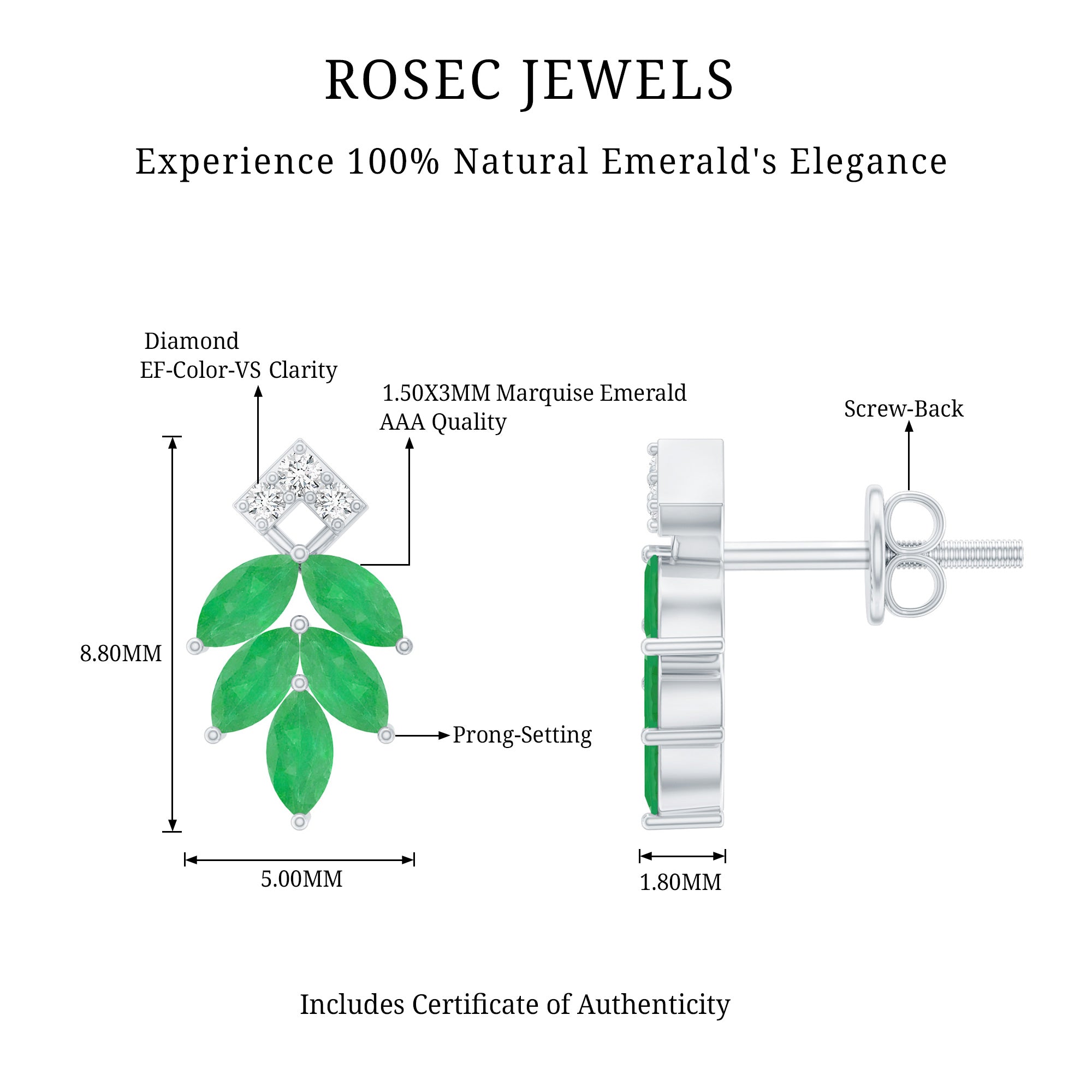 Real Emerald Leaf Stud Earrings with Moissanite AAA - Rosec Jewels