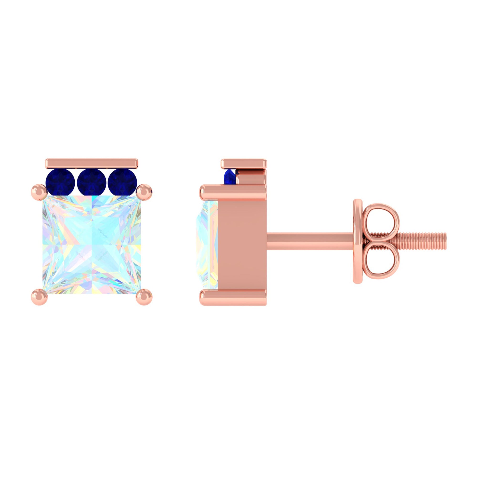 Princess Cut Ethiopian Opal Stud Earrings with Blue Sapphire Trio AAA - Rosec Jewels
