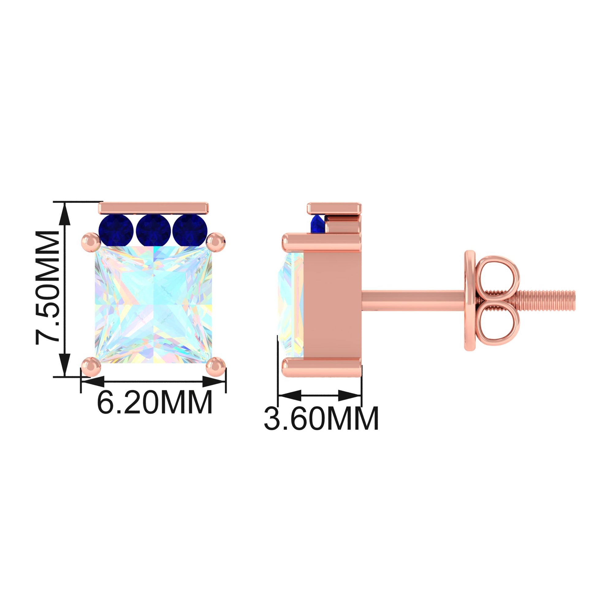 Princess Cut Ethiopian Opal Stud Earrings with Blue Sapphire Trio AAA - Rosec Jewels