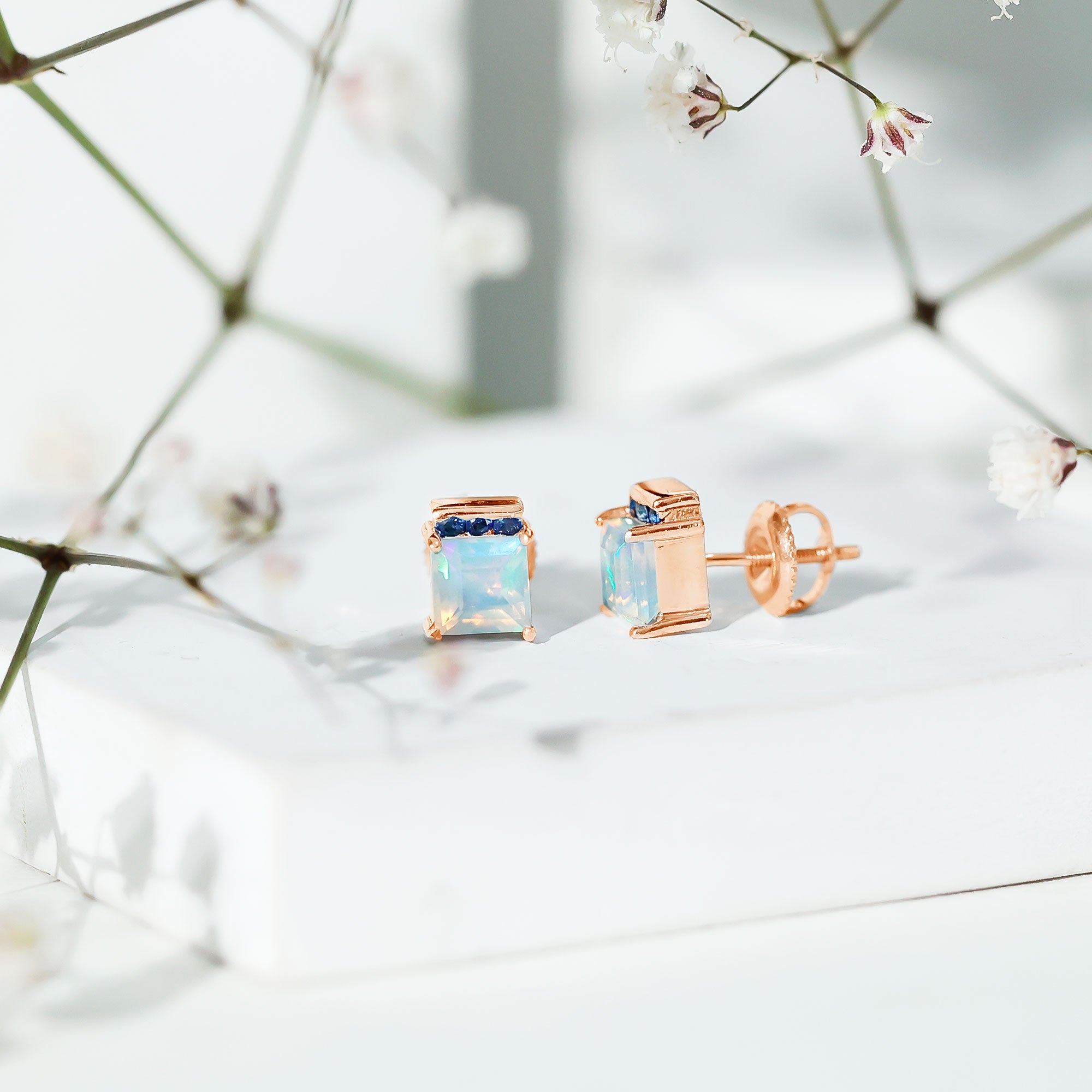 Princess Cut Ethiopian Opal Stud Earrings with Blue Sapphire Trio AAA - Rosec Jewels