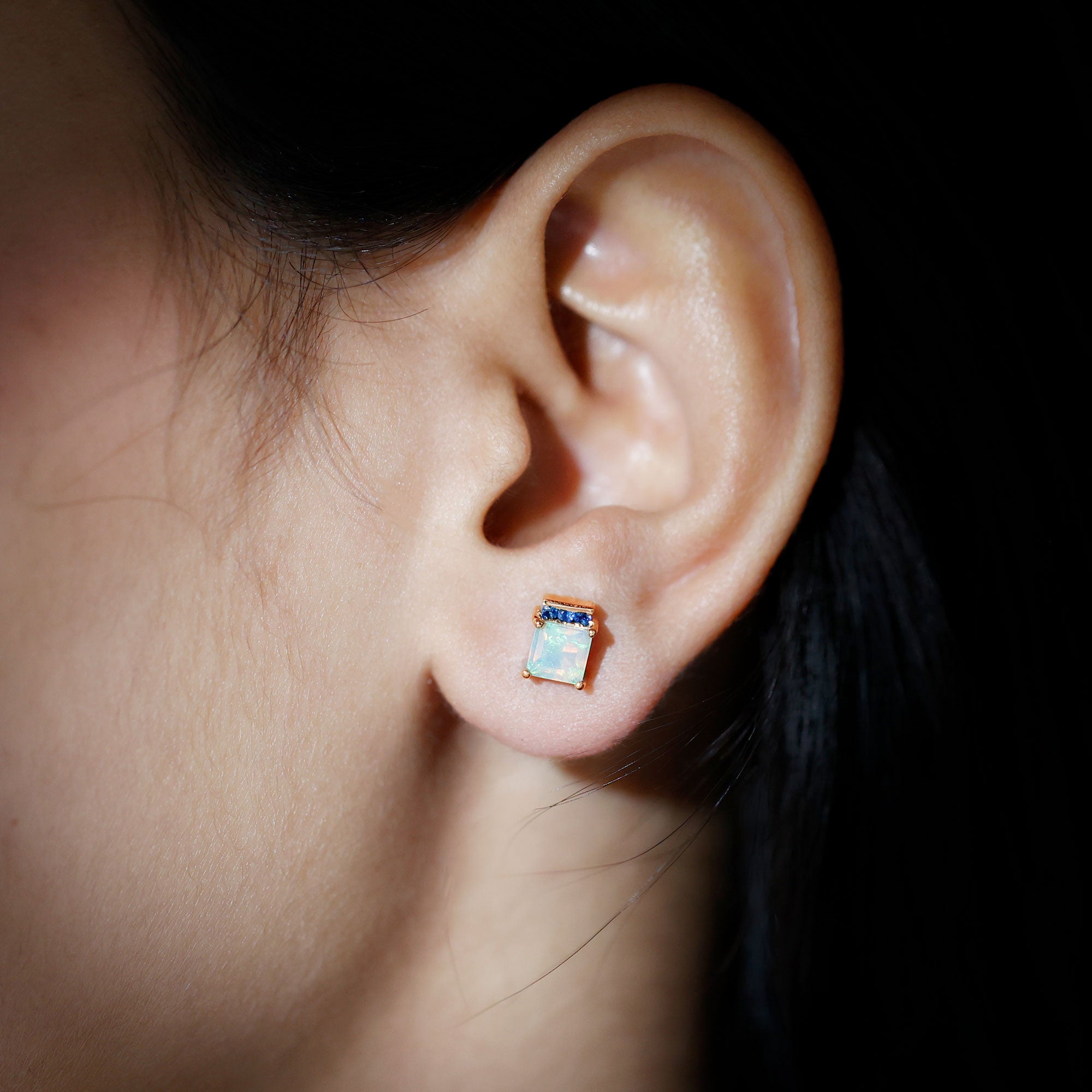 Princess Cut Ethiopian Opal Stud Earrings with Blue Sapphire Trio AAA - Rosec Jewels