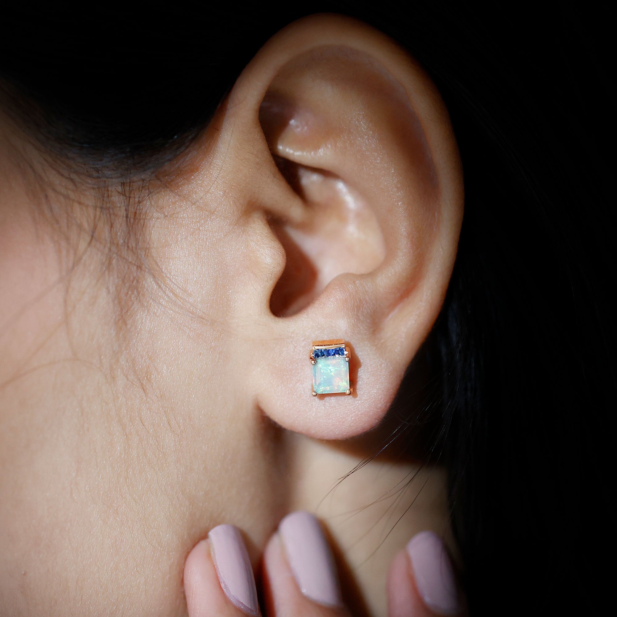 Princess Cut Ethiopian Opal Stud Earrings with Blue Sapphire Trio AAA - Rosec Jewels