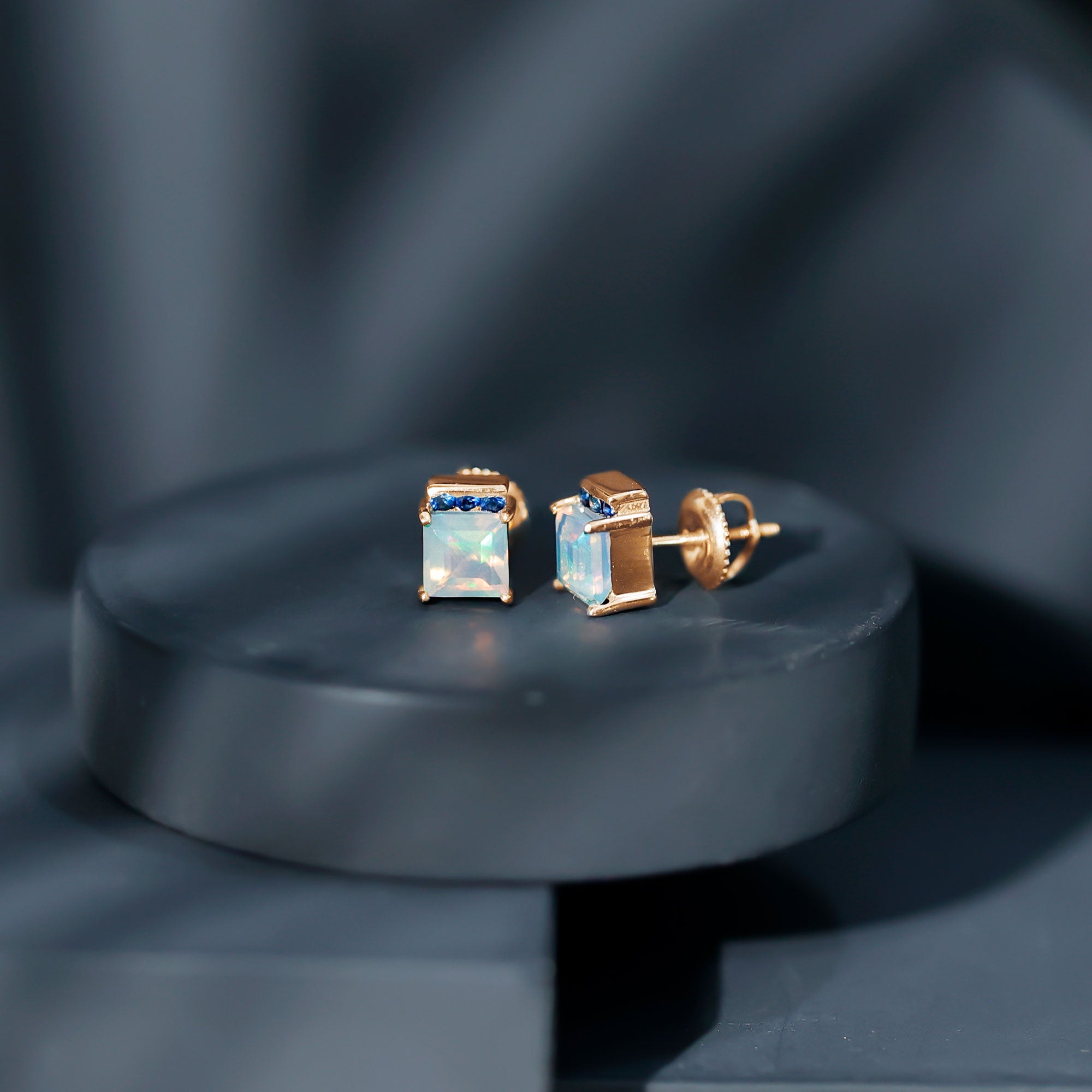 Princess Cut Ethiopian Opal Stud Earrings with Blue Sapphire Trio AAA - Rosec Jewels