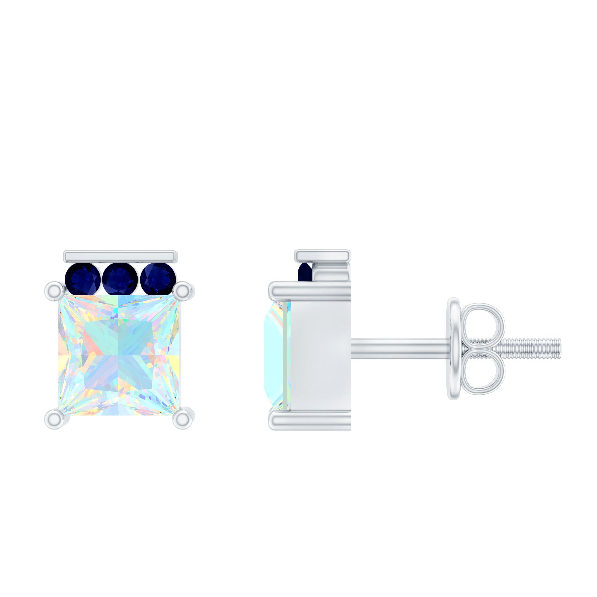 Princess Cut Ethiopian Opal Stud Earrings with Blue Sapphire Trio AAA - Rosec Jewels