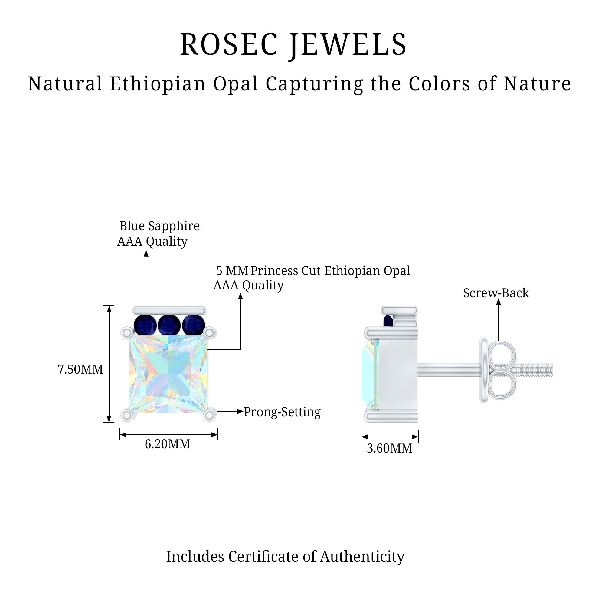 Princess Cut Ethiopian Opal Stud Earrings with Blue Sapphire Trio AAA - Rosec Jewels
