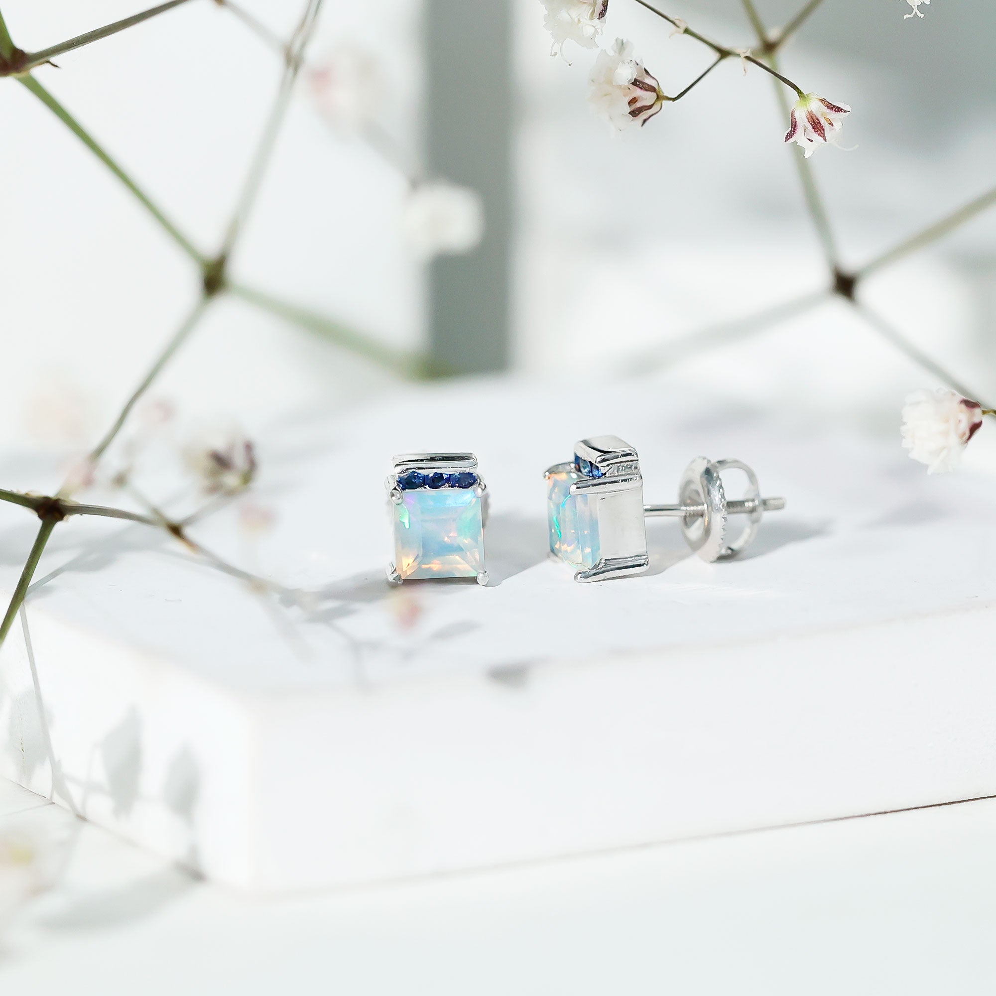 Princess Cut Ethiopian Opal Stud Earrings with Blue Sapphire Trio AAA - Rosec Jewels