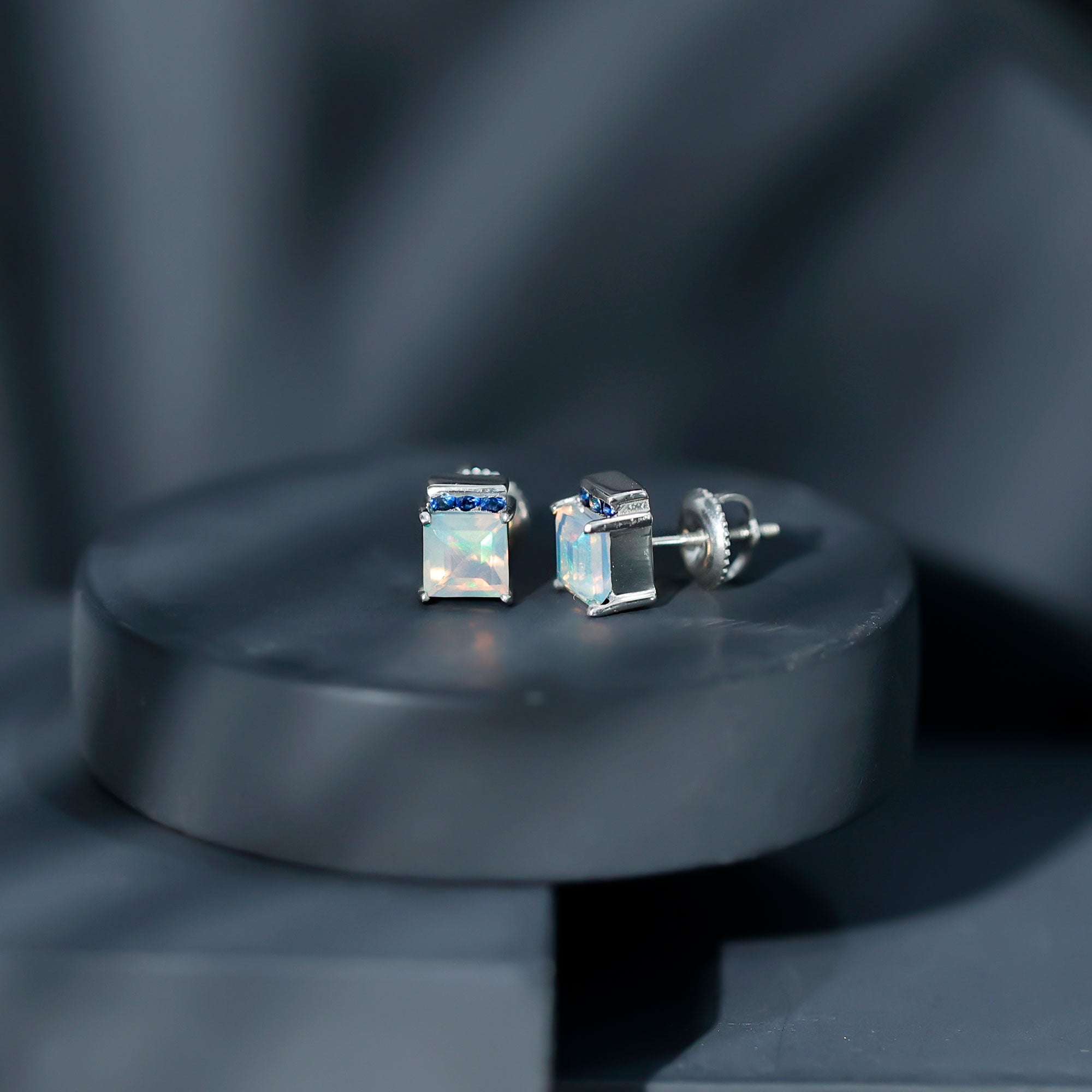 Princess Cut Ethiopian Opal Stud Earrings with Blue Sapphire Trio AAA - Rosec Jewels