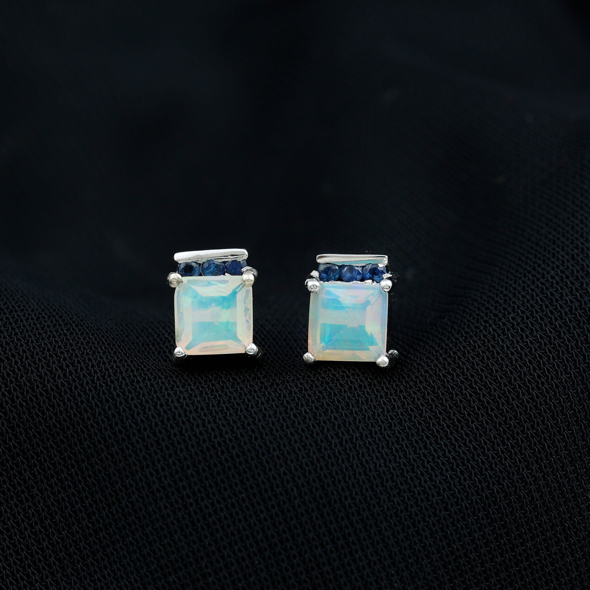 Princess Cut Ethiopian Opal Stud Earrings with Blue Sapphire Trio AAA - Rosec Jewels