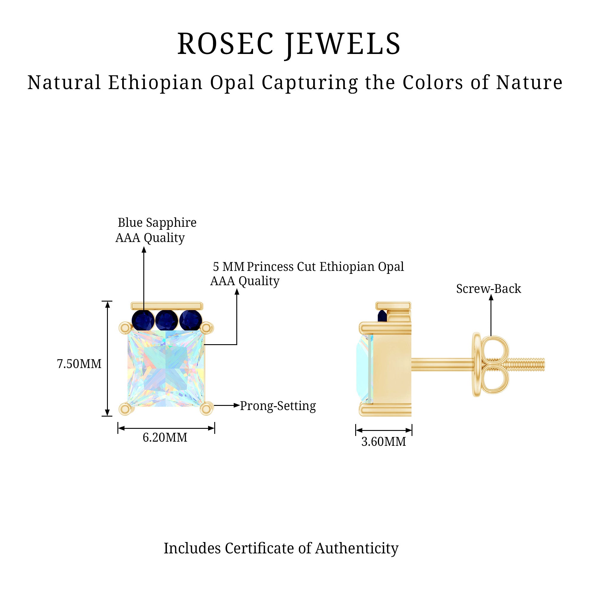 Princess Cut Ethiopian Opal Stud Earrings with Blue Sapphire Trio AAA - Rosec Jewels