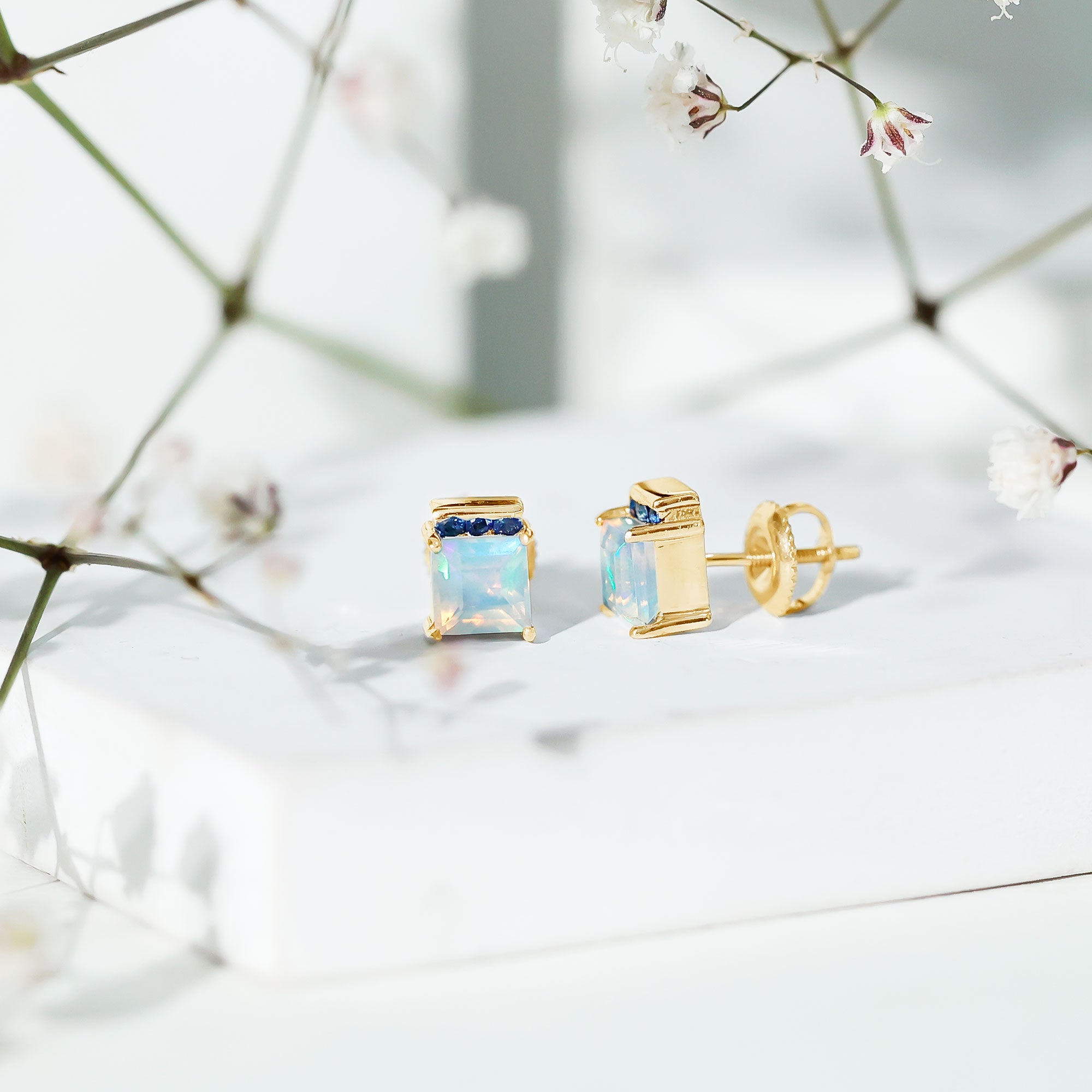 Princess Cut Ethiopian Opal Stud Earrings with Blue Sapphire Trio AAA - Rosec Jewels