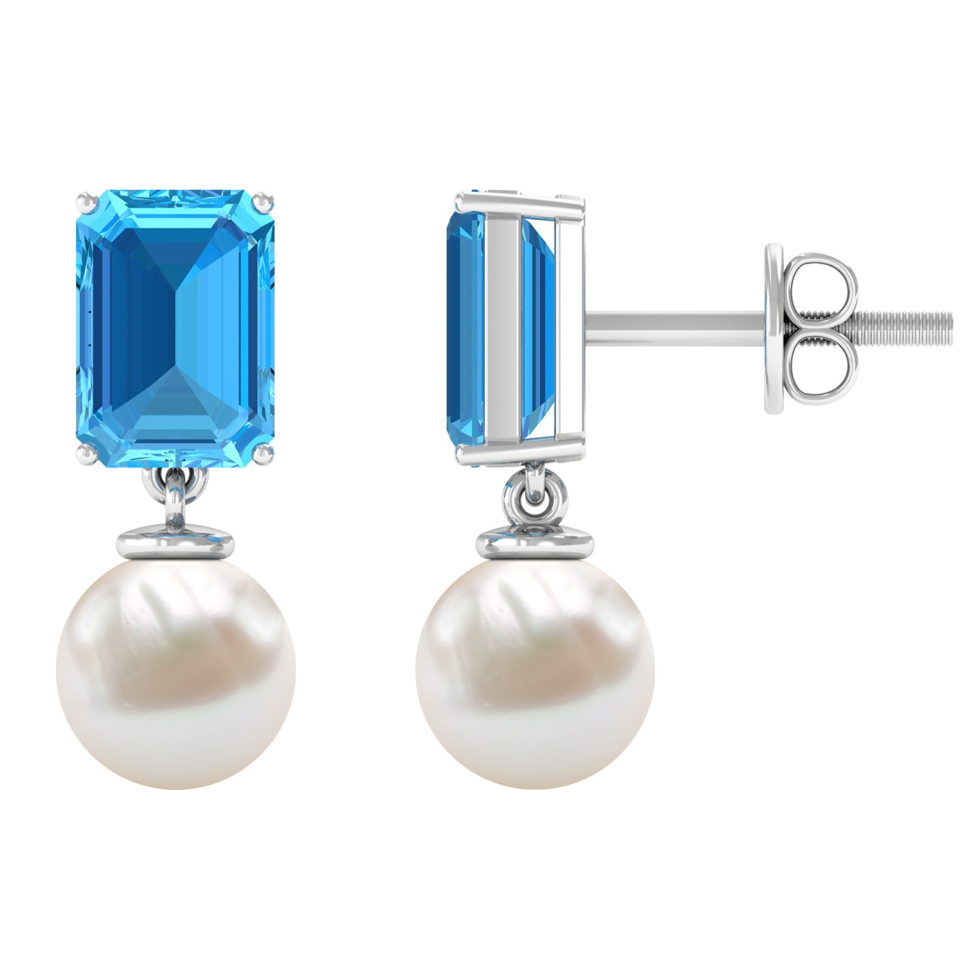 Emerald Cut Swiss Blue Topaz and Freshwater Pearl Drop Earrings