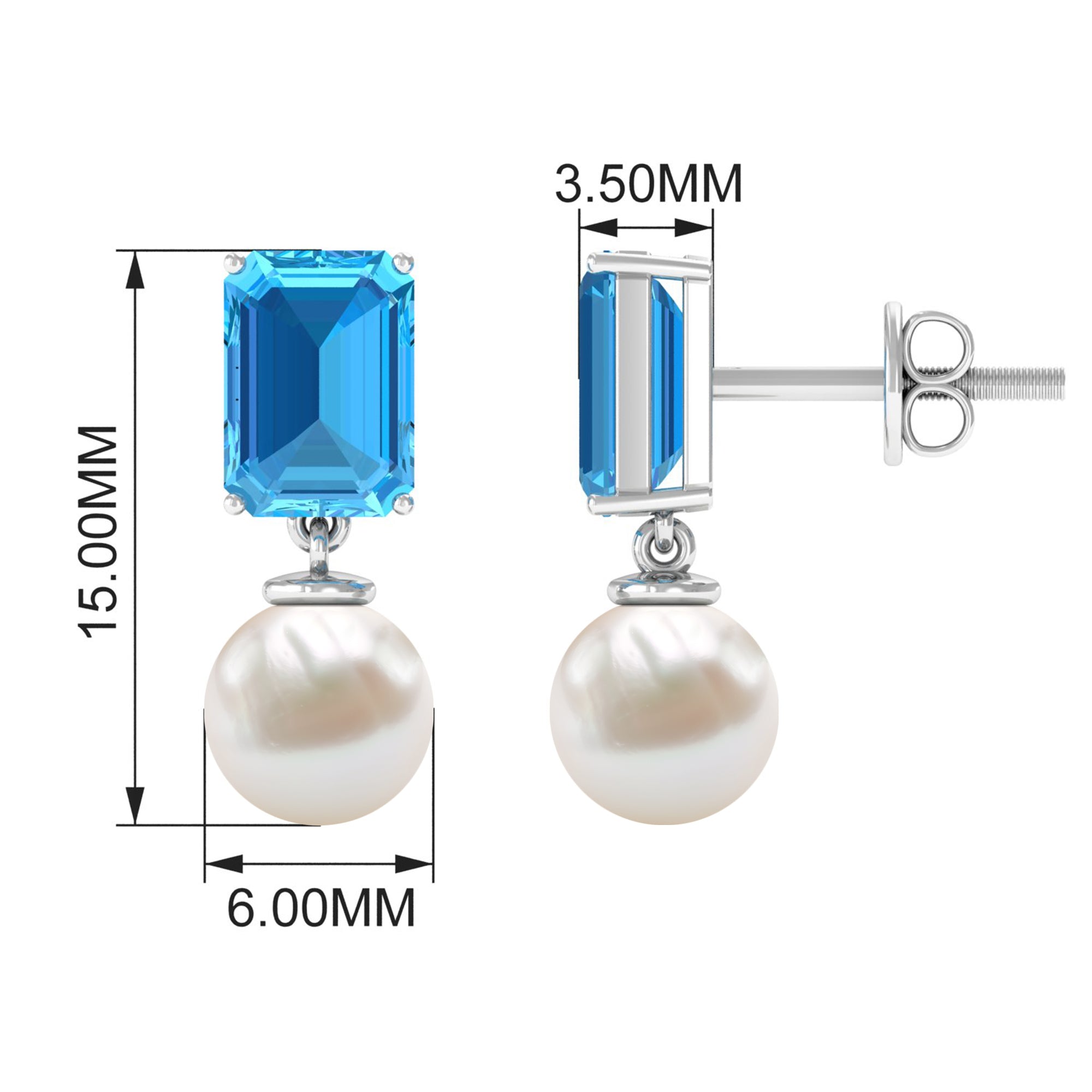 6 Carat Freshwater Pearl and Blue Topaz Drop Earrings AAA - Rosec Jewels
