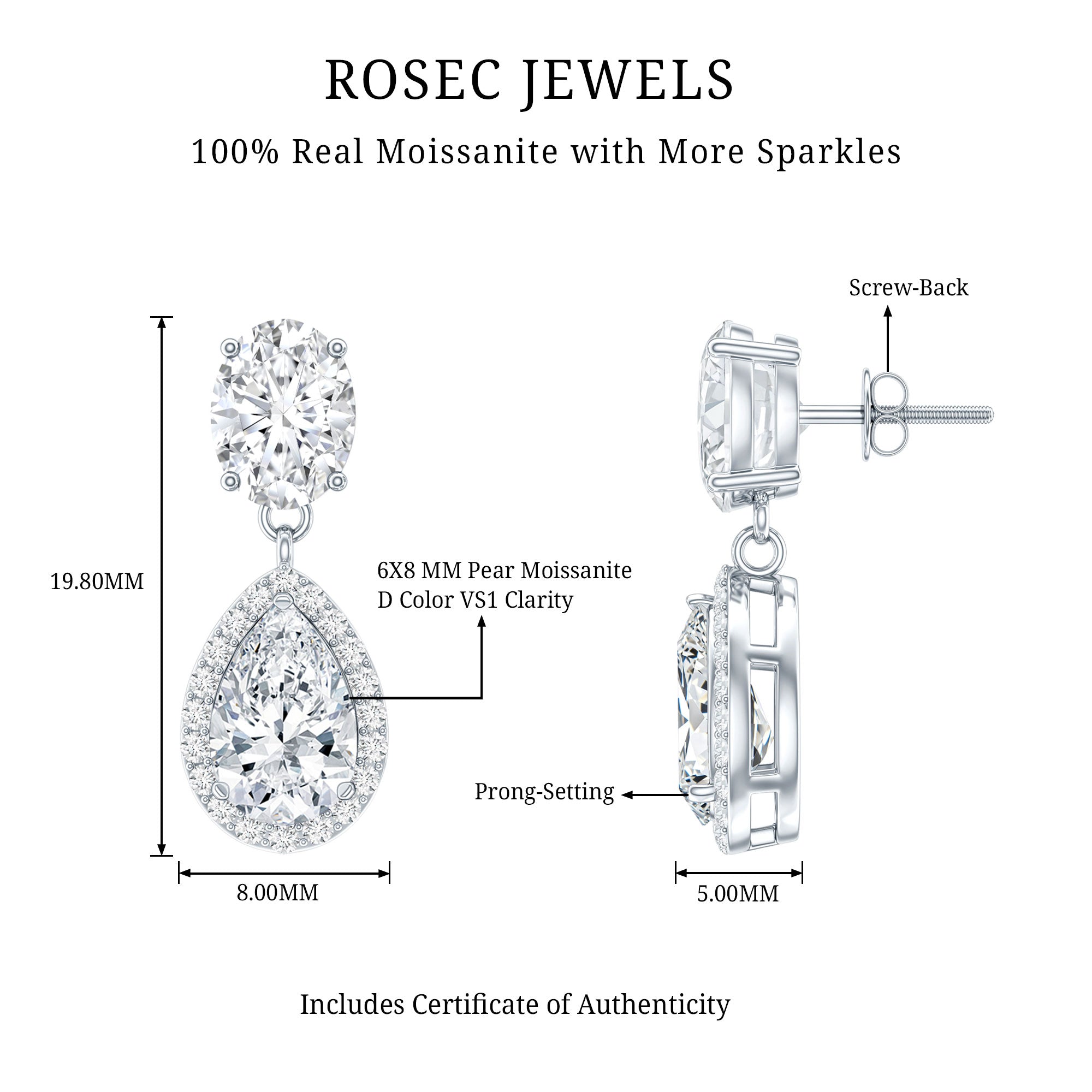 Certified Moissanite Teardrop Bridal Earrings D-VS1 - Rosec Jewels