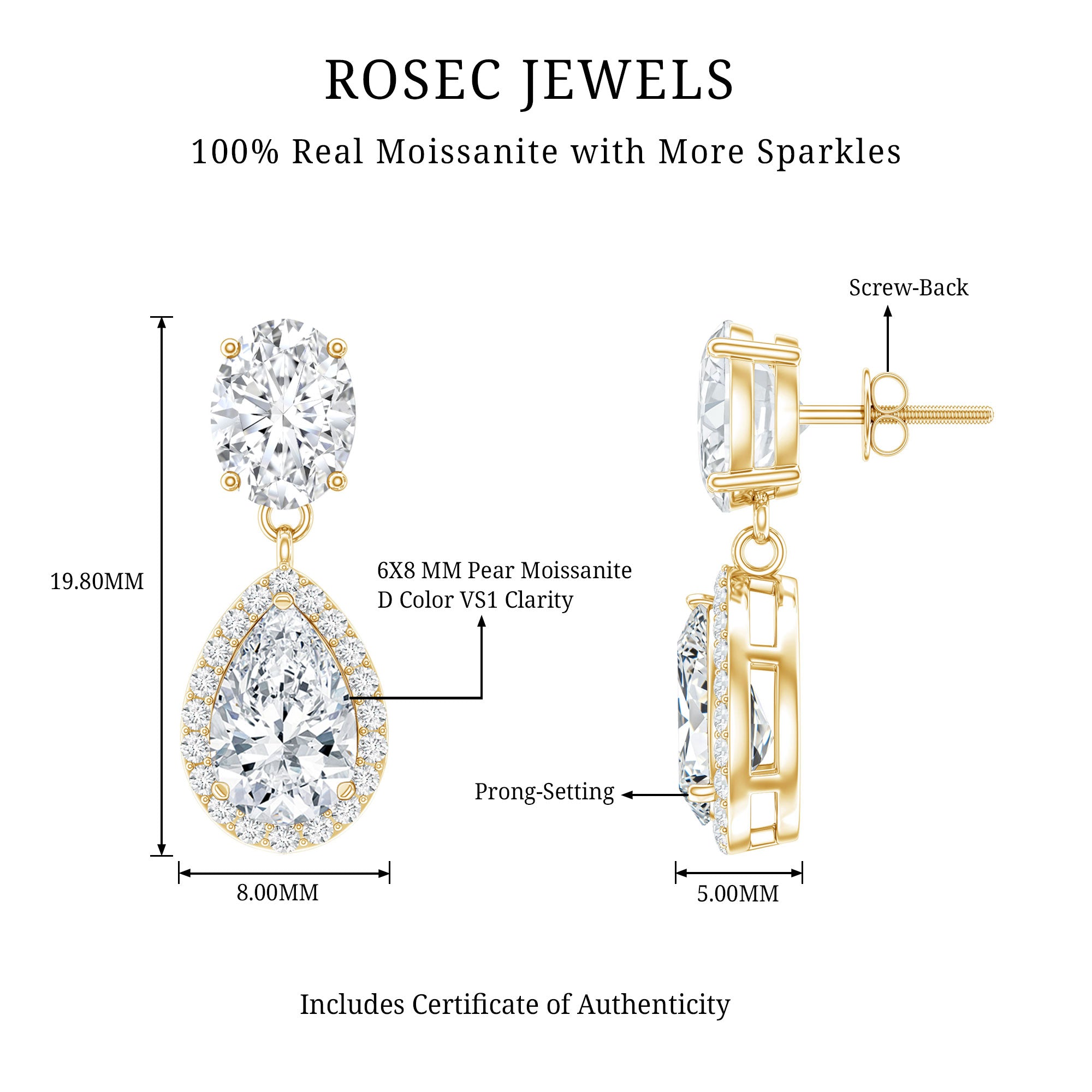 Certified Moissanite Teardrop Bridal Earrings D-VS1 - Rosec Jewels