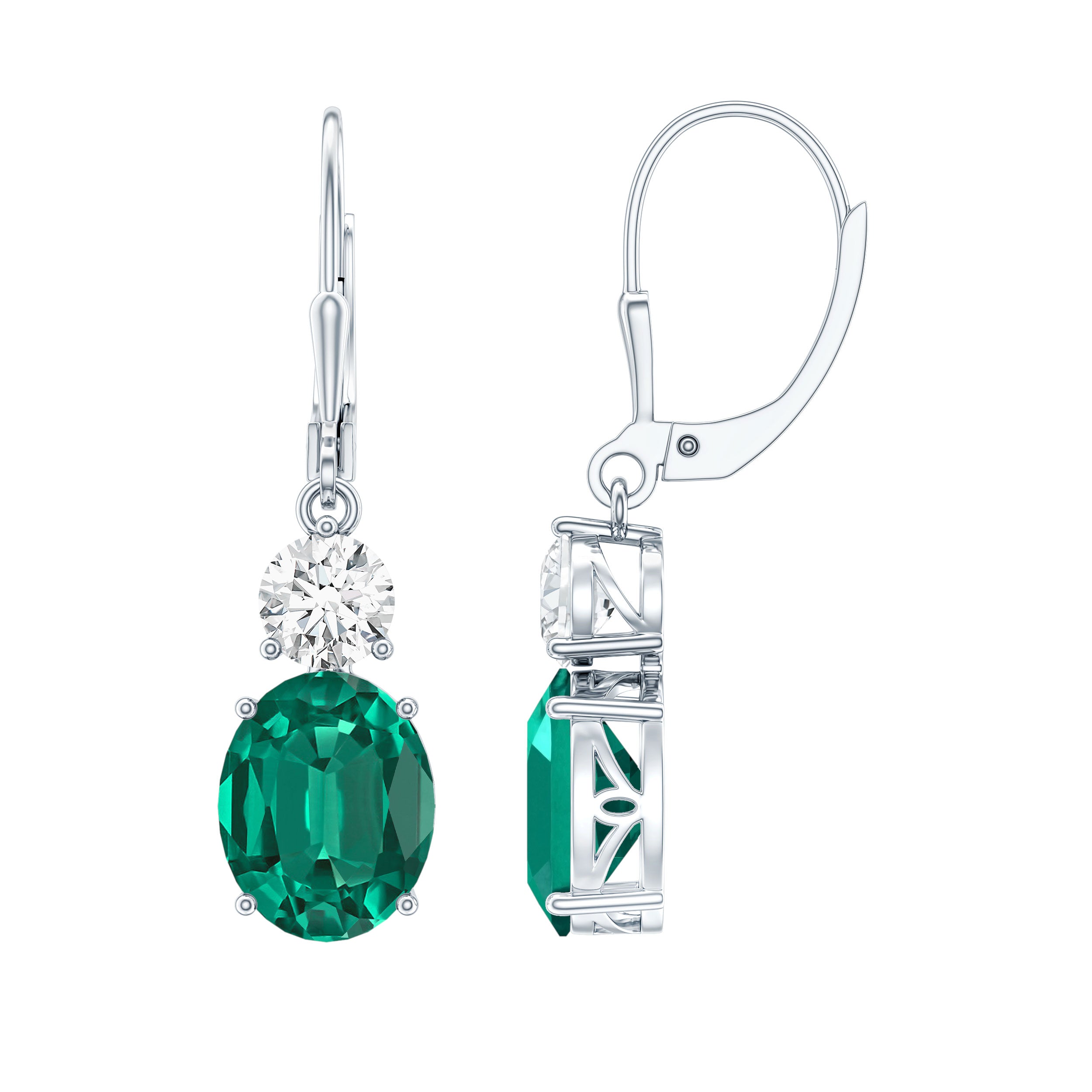 Lab Grown Emerald Oval Drop Earrings With Moissanite AAAA - Rosec Jewels