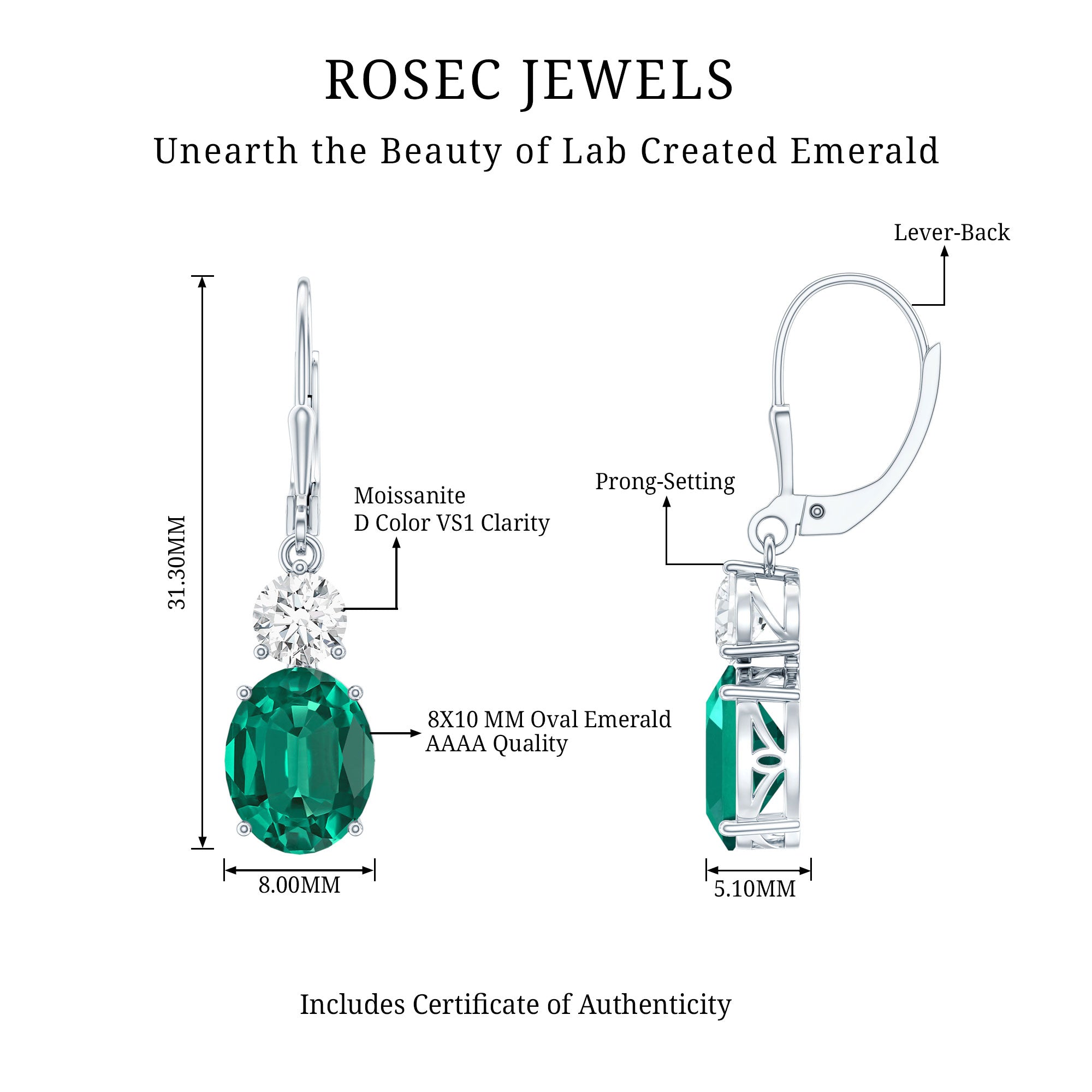 Lab Grown Emerald Oval Drop Earrings With Moissanite AAAA - Rosec Jewels