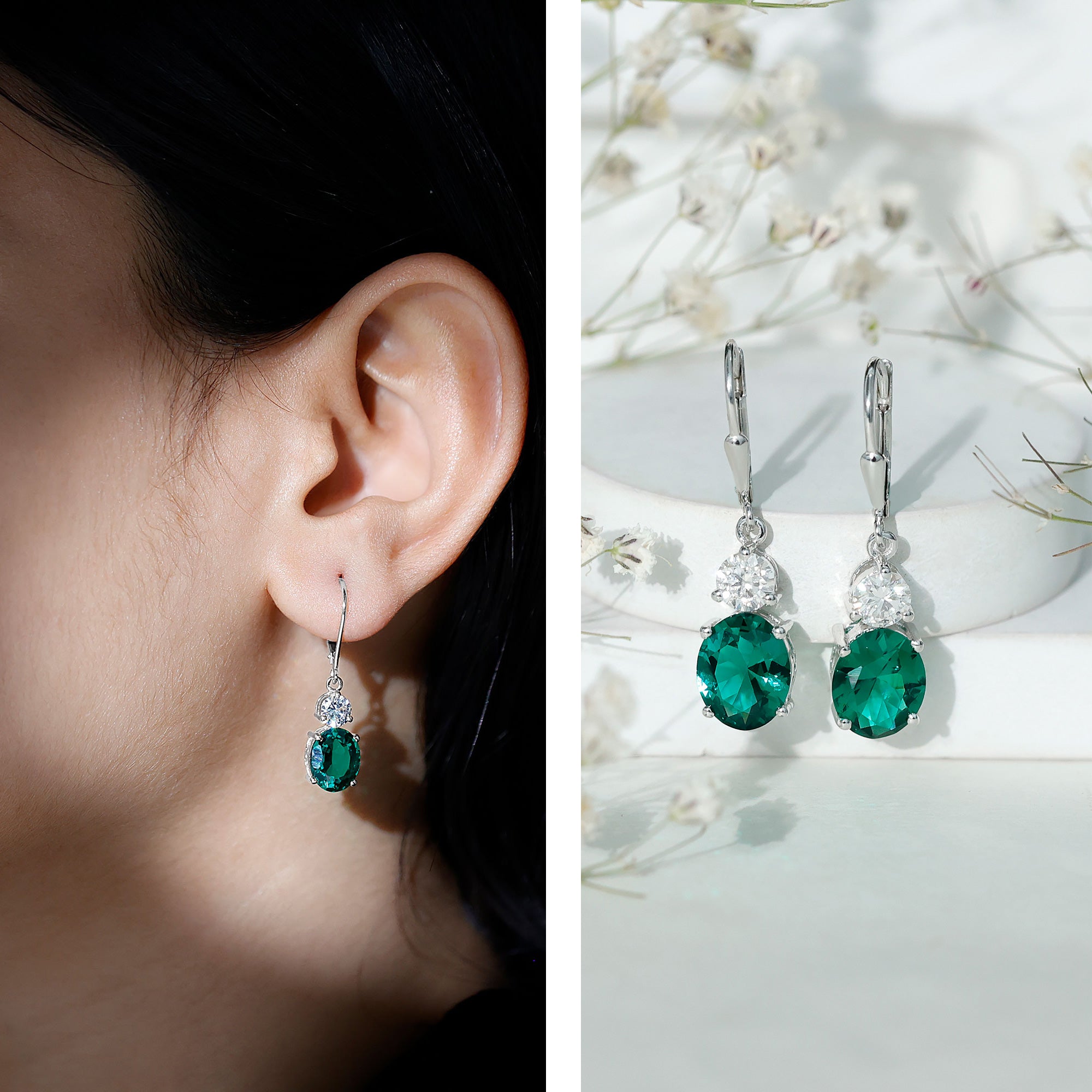 Lab Grown Emerald Oval Drop Earrings With Moissanite AAAA - Rosec Jewels