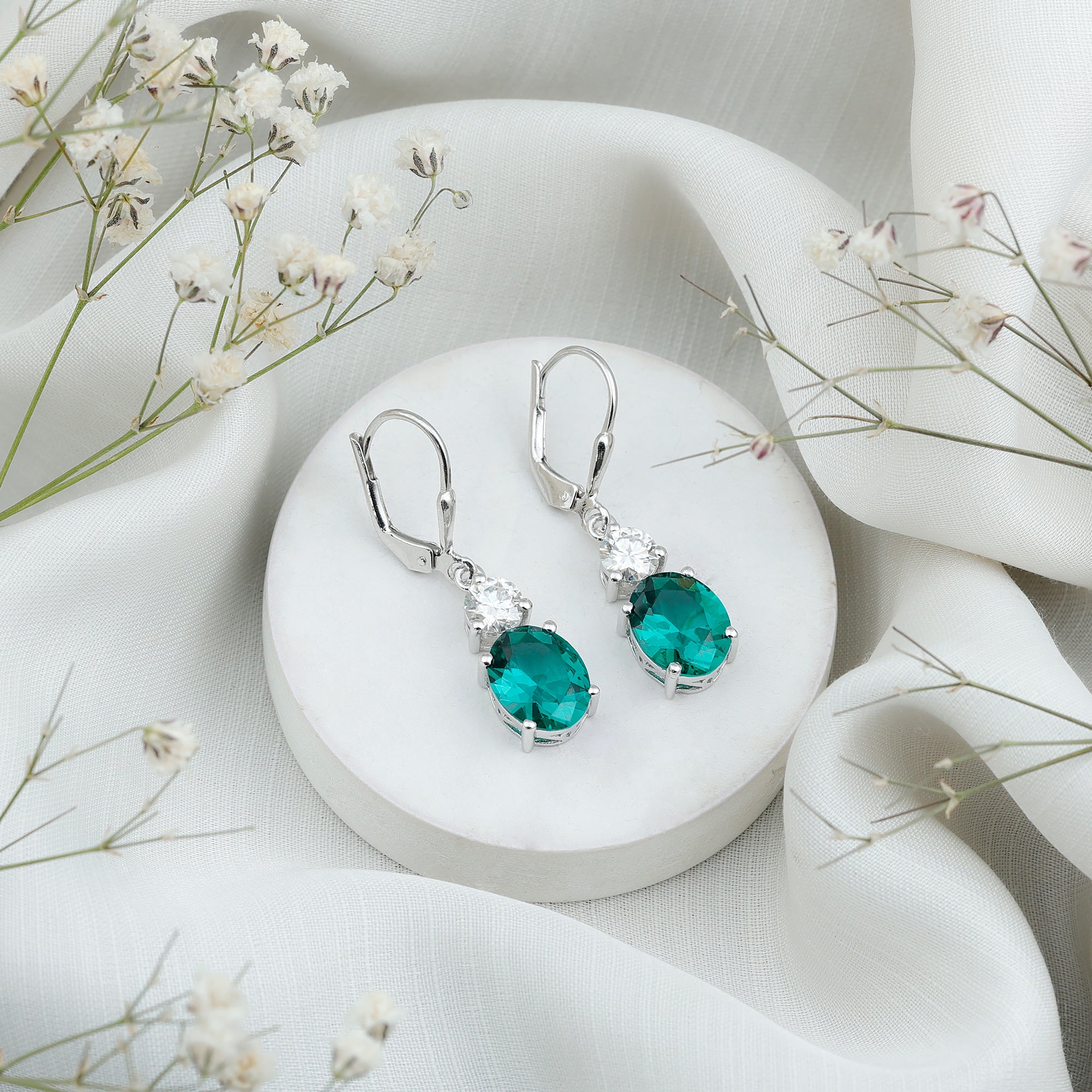 Lab Grown Emerald Oval Drop Earrings With Moissanite AAAA - Rosec Jewels