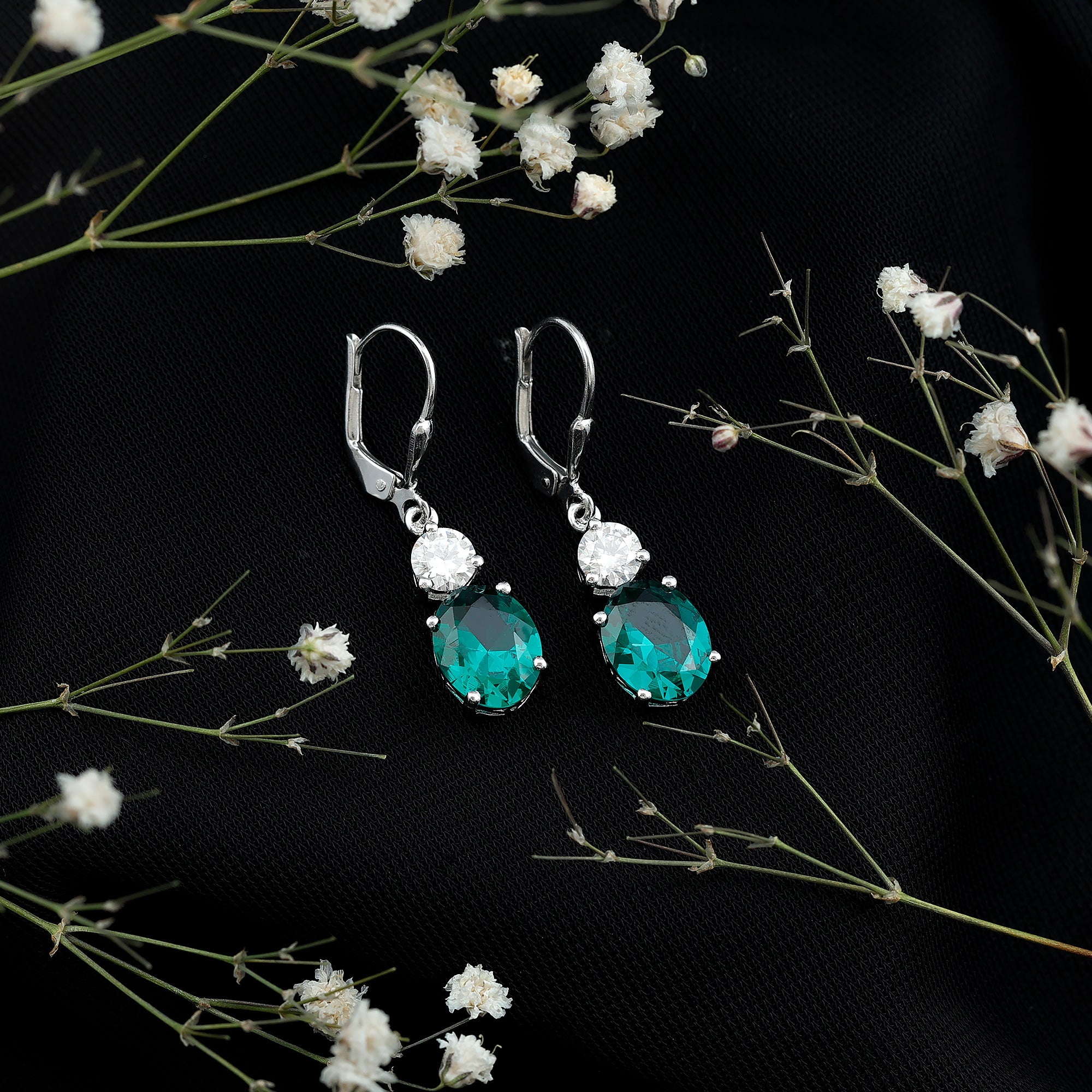 Lab Grown Emerald Oval Drop Earrings With Moissanite AAAA - Rosec Jewels