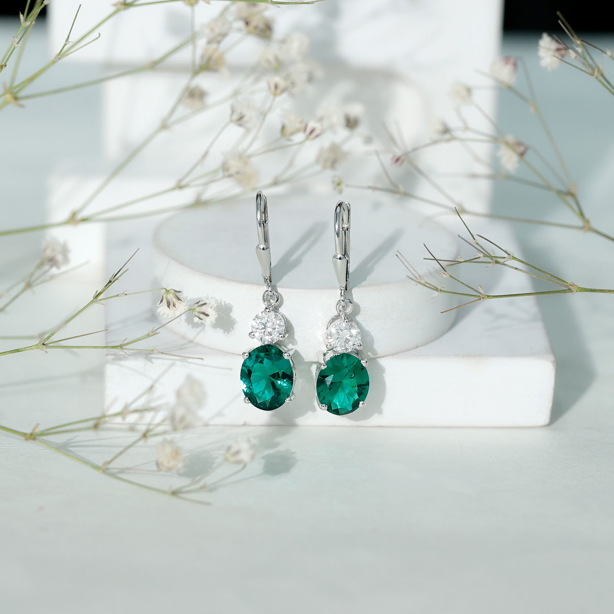 Lab Grown Emerald Oval Drop Earrings With Moissanite AAAA - Rosec Jewels