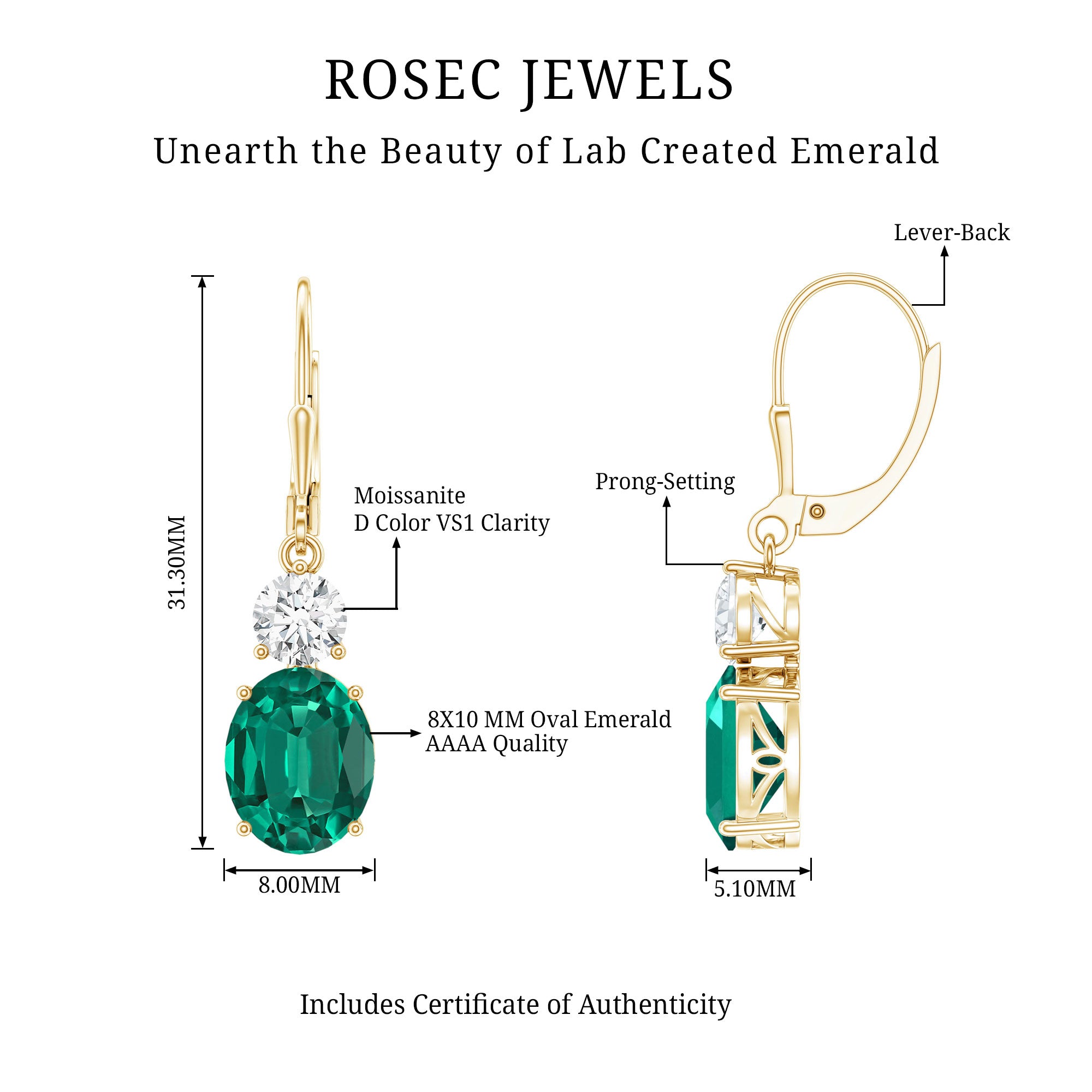 Lab Grown Emerald Oval Drop Earrings With Moissanite AAAA - Rosec Jewels