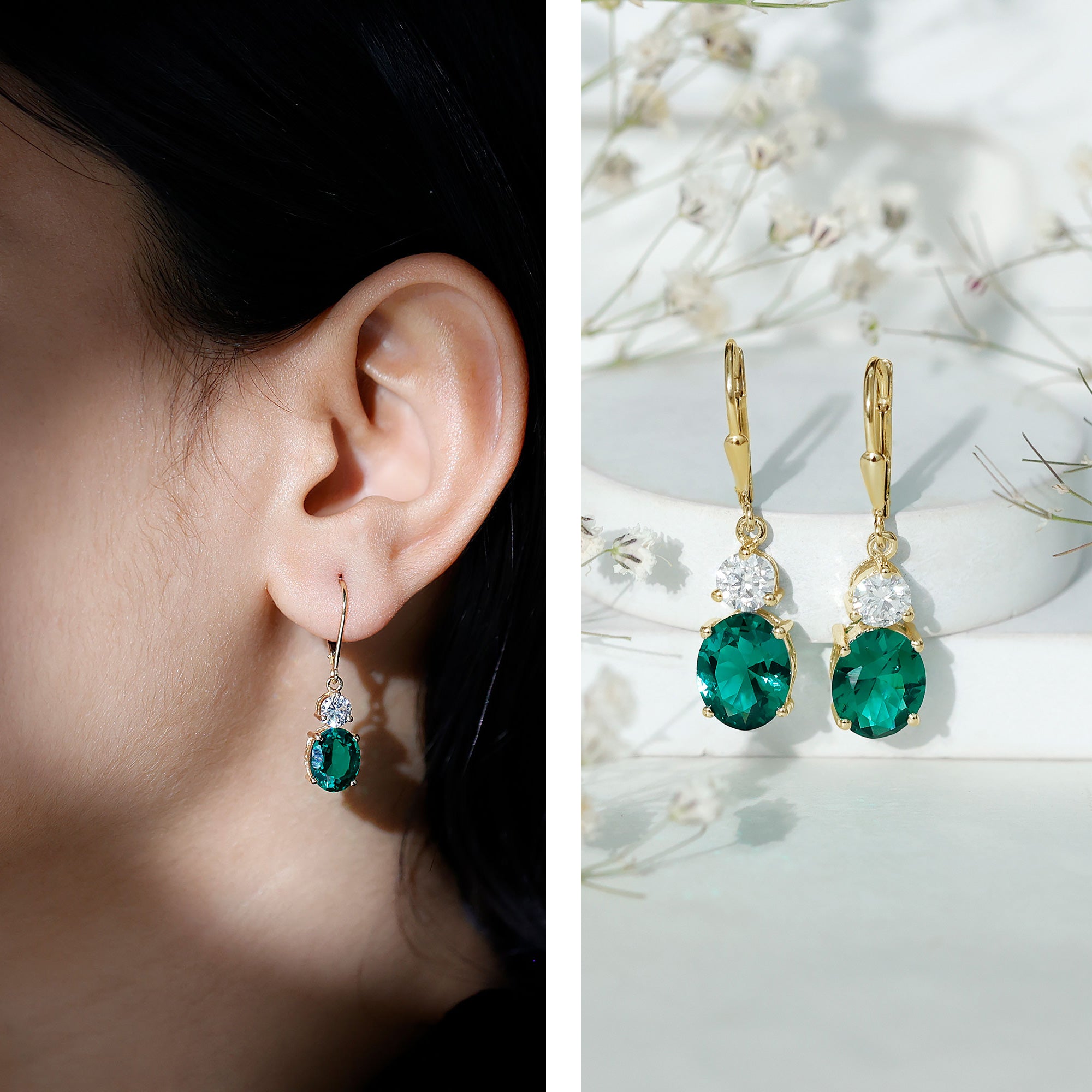 Lab Grown Emerald Oval Drop Earrings With Moissanite AAAA - Rosec Jewels