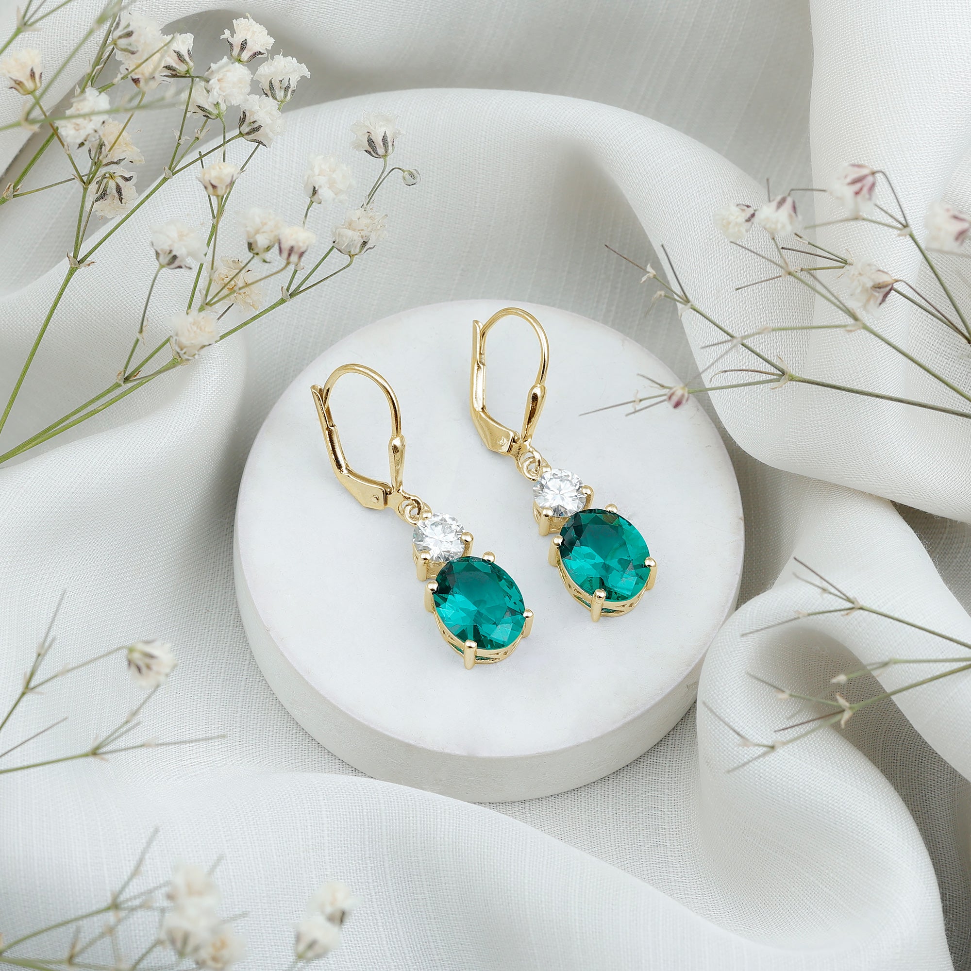 Lab Grown Emerald Oval Drop Earrings With Moissanite AAAA - Rosec Jewels