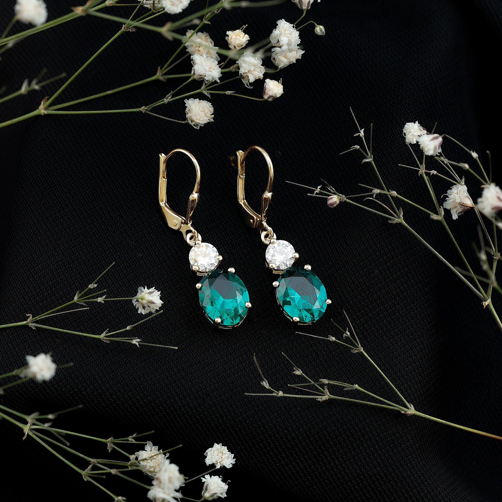 Lab Grown Emerald Oval Drop Earrings With Moissanite AAAA - Rosec Jewels