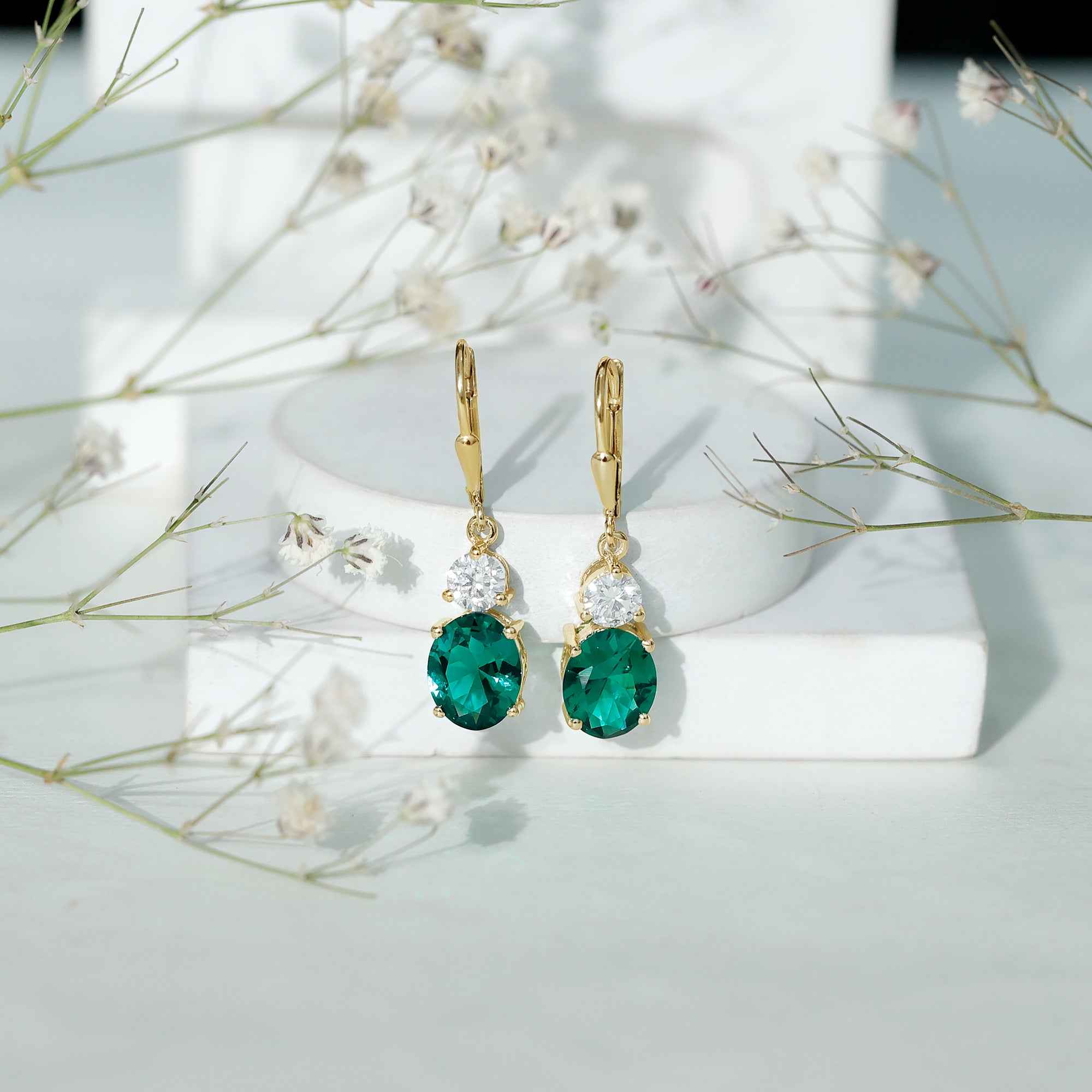 Lab Grown Emerald Oval Drop Earrings With Moissanite AAAA - Rosec Jewels