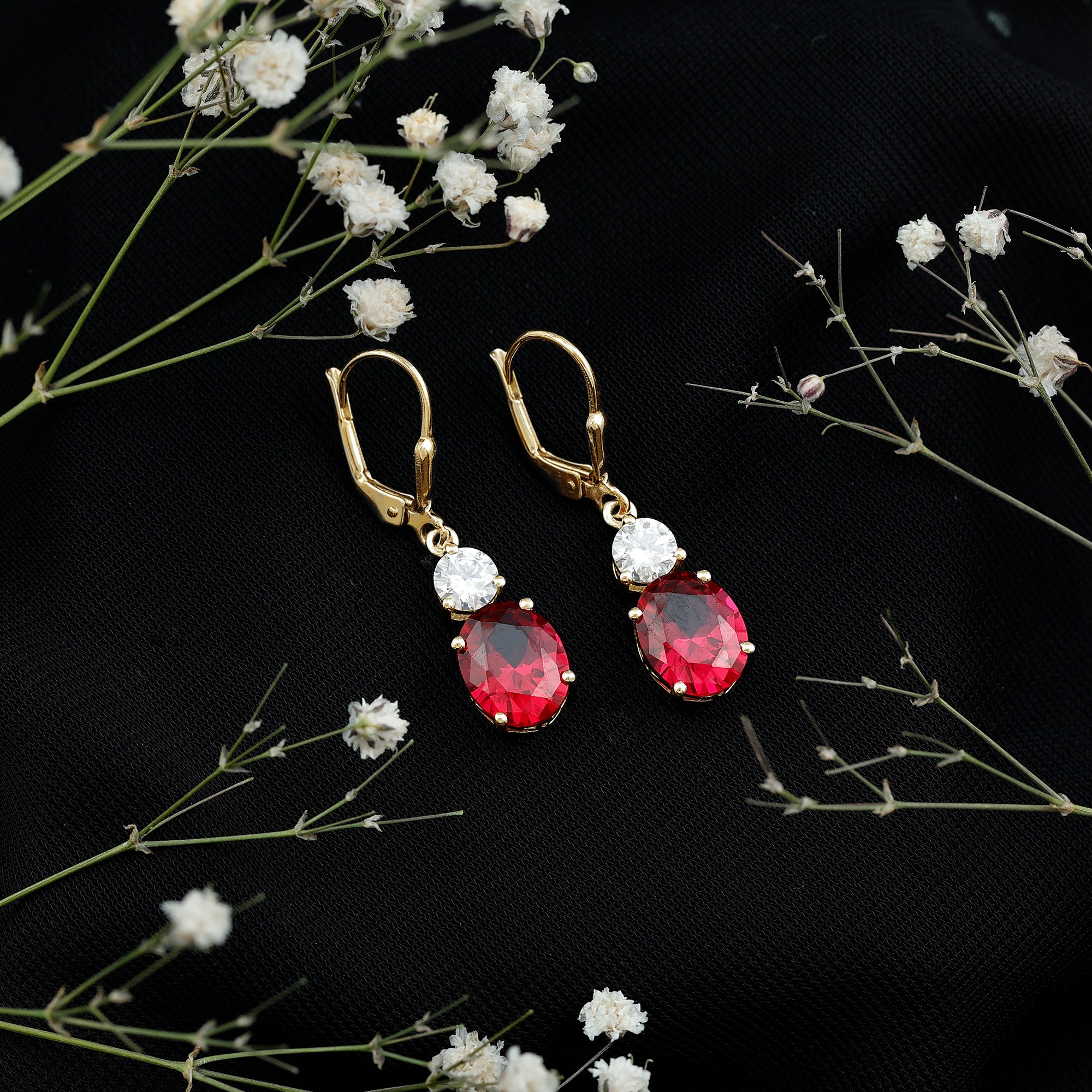 Oval Shape Lab Created Ruby Dangle Drop Earrings with Moissanite AAAA - Rosec Jewels