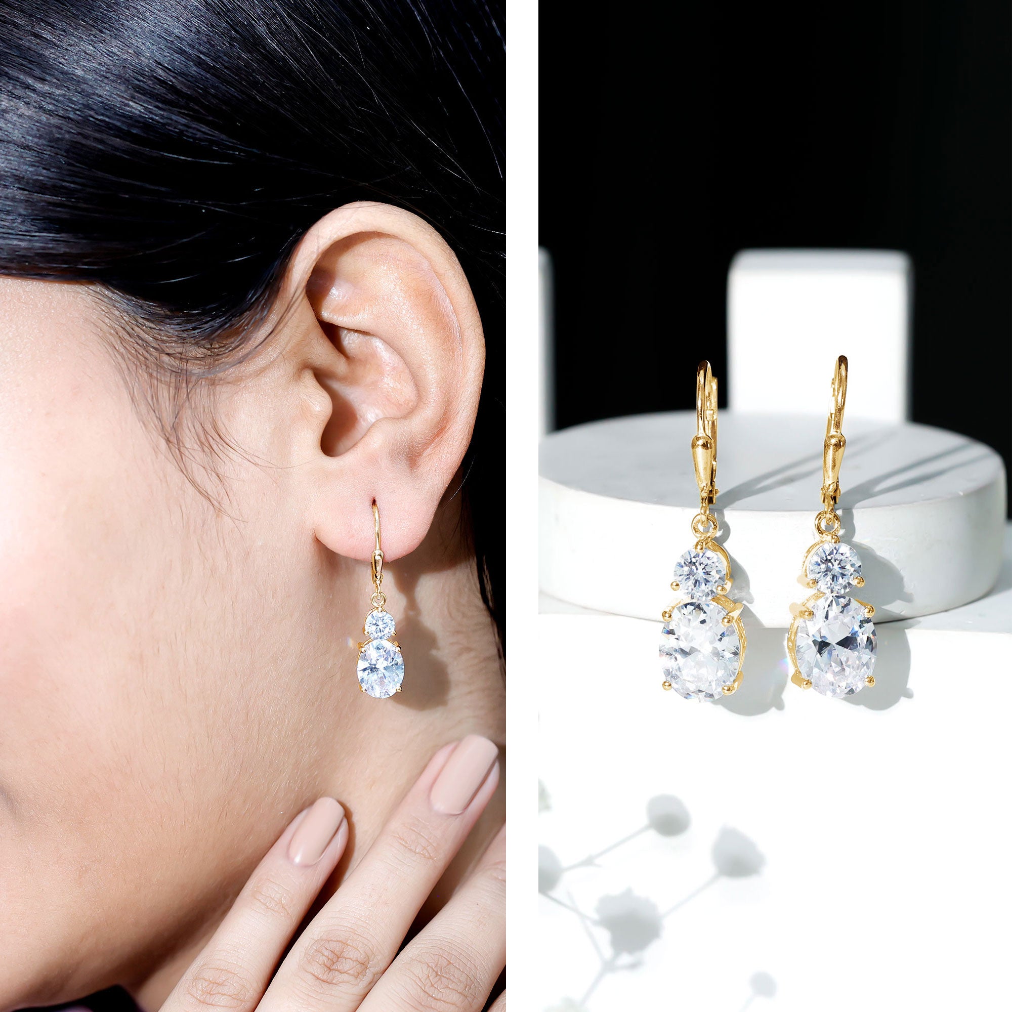 Minimal Zircon 2 Stone Drop Earrings with Lever Back AAAA - Rosec Jewels