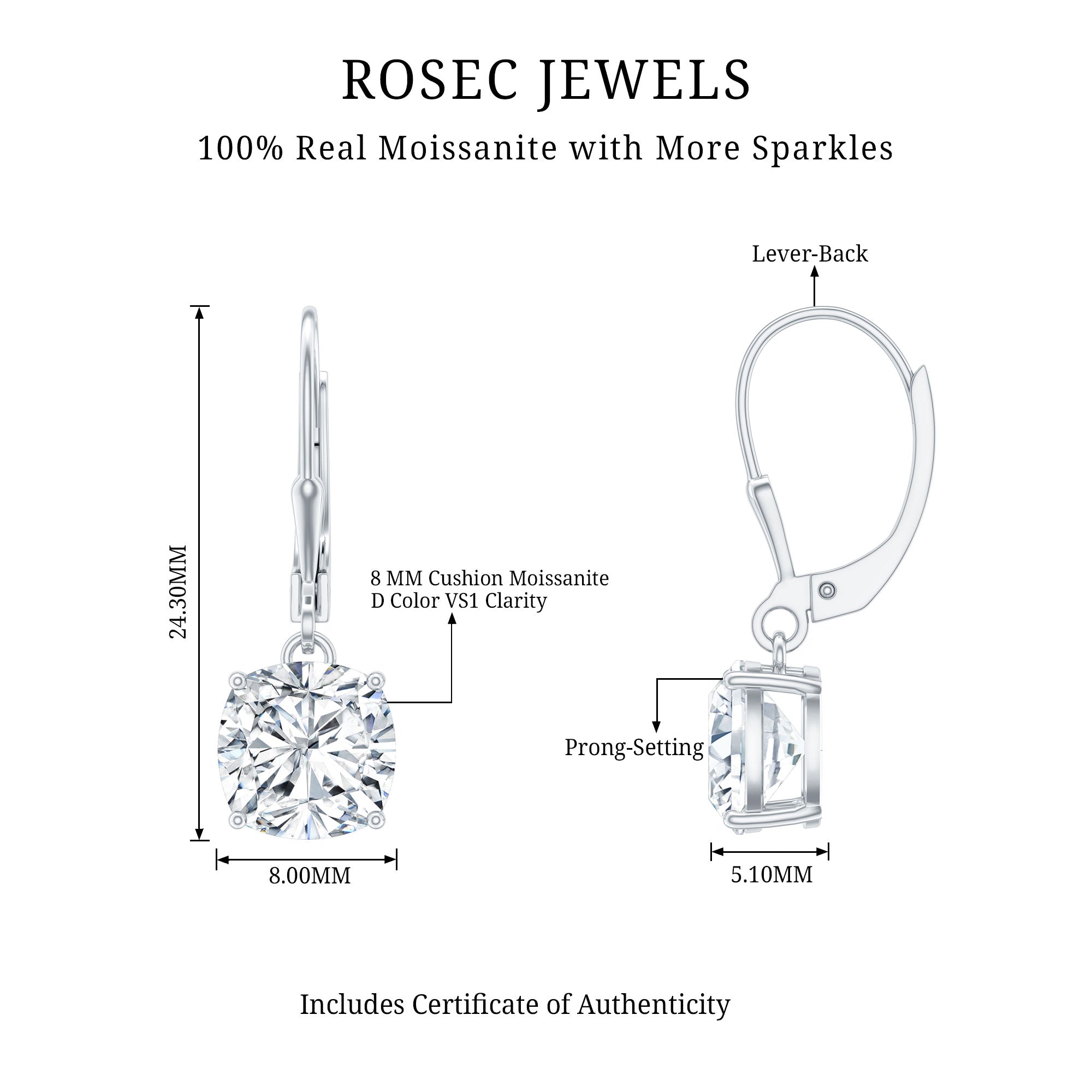 Certified 6 Carat Cushion Cut Moissanite Drop Earrings D-VS1 - Rosec Jewels