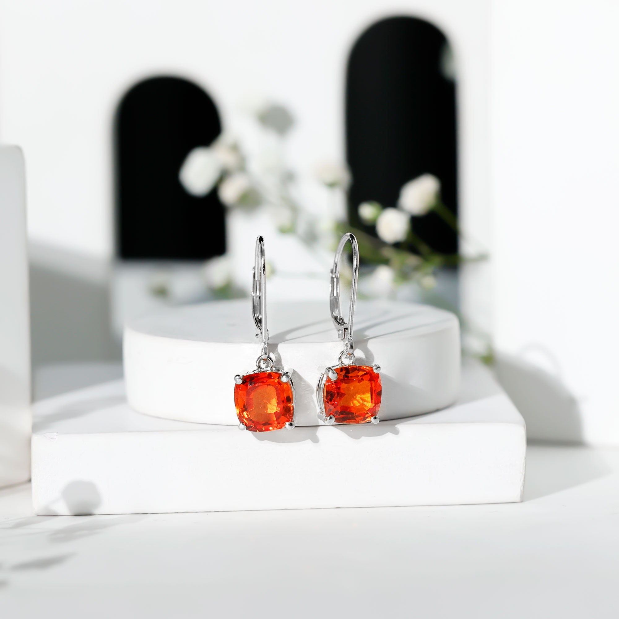5.5 CT Cushion Cut Lab Created Orange Sapphire Drop Earrings AAAA - Rosec Jewels