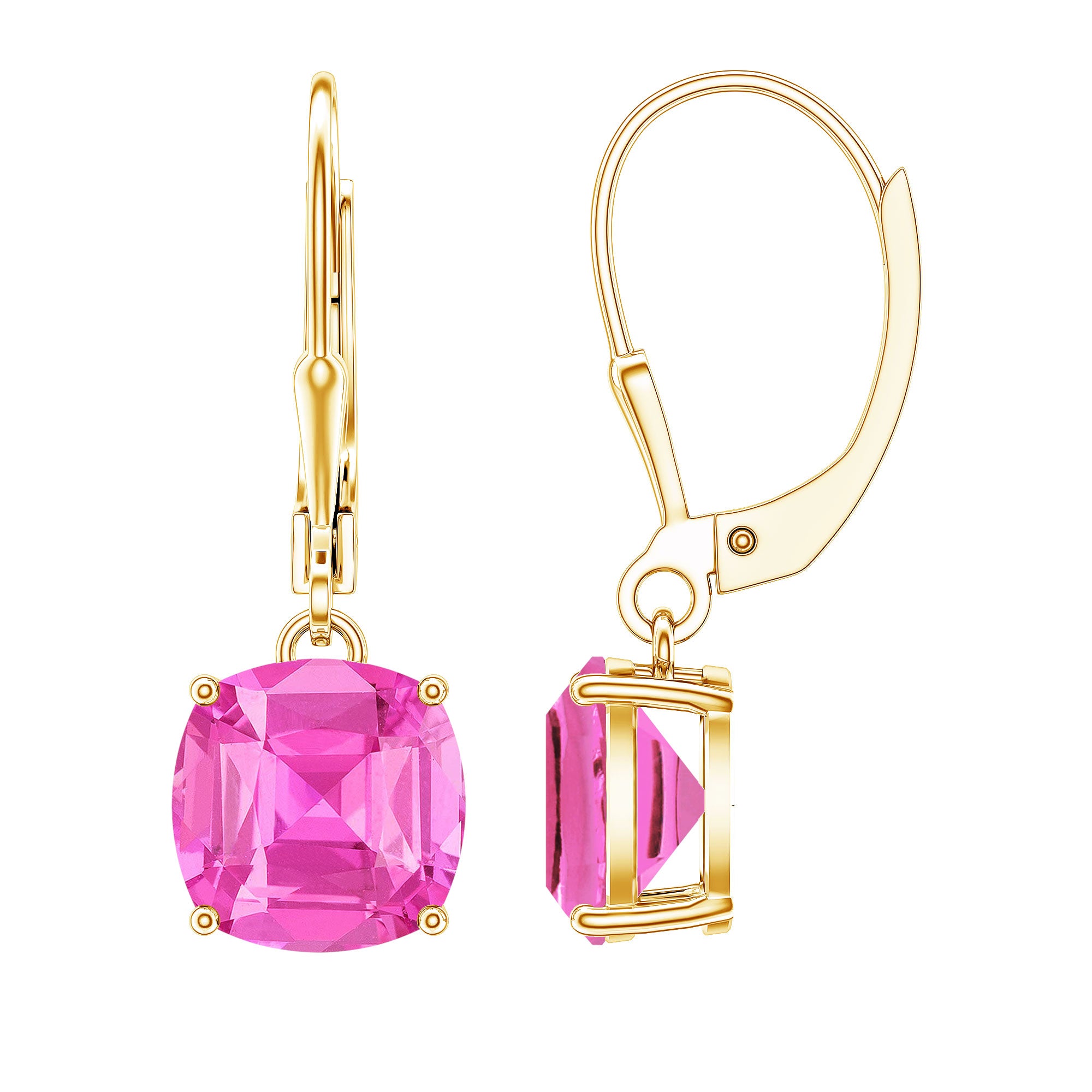 Cushion Cut Lab Created Pink Sapphire Solitaire Drop Earrings with Leverback AAAA - Rosec Jewels