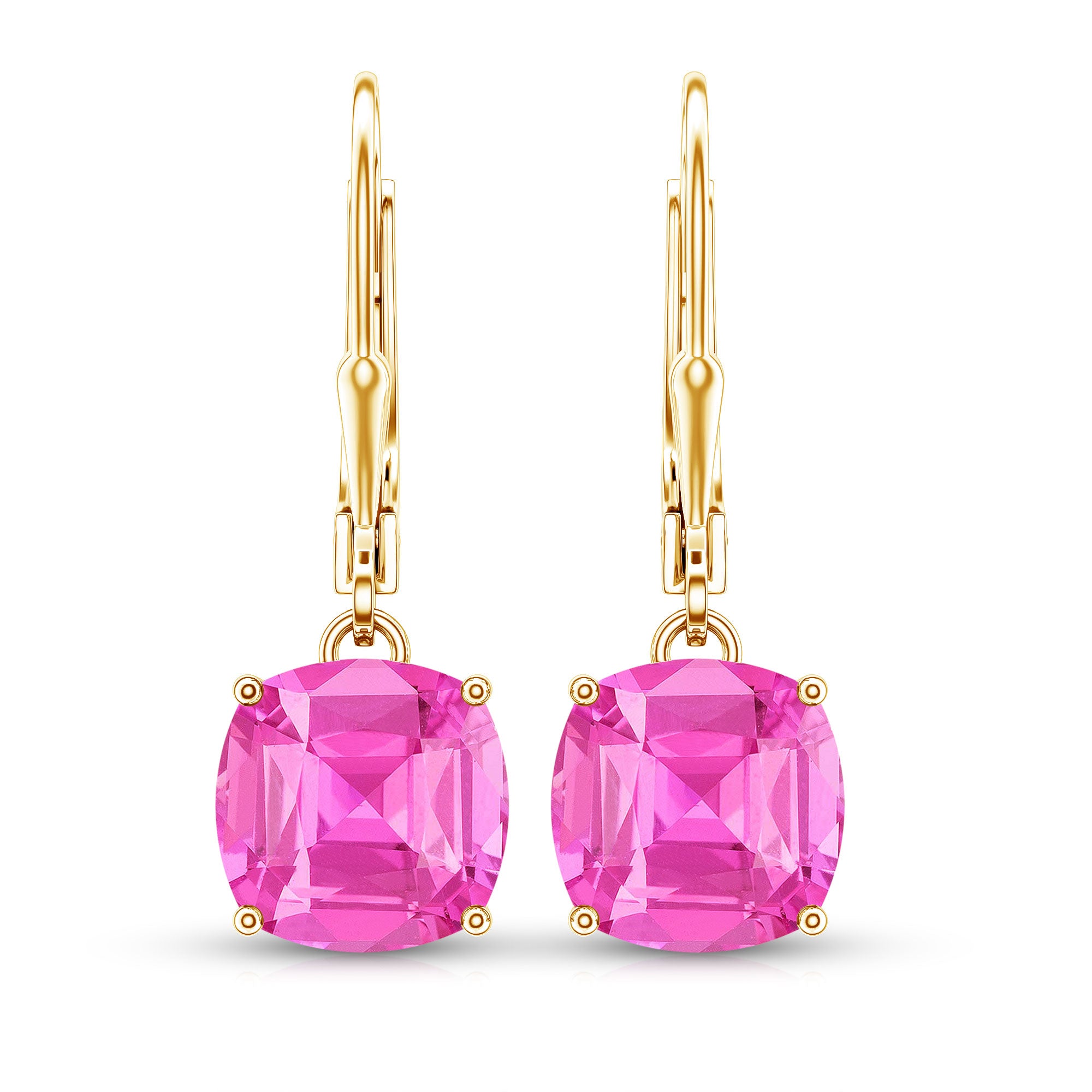 Cushion Cut Lab Created Pink Sapphire Solitaire Drop Earrings with Leverback AAAA - Rosec Jewels