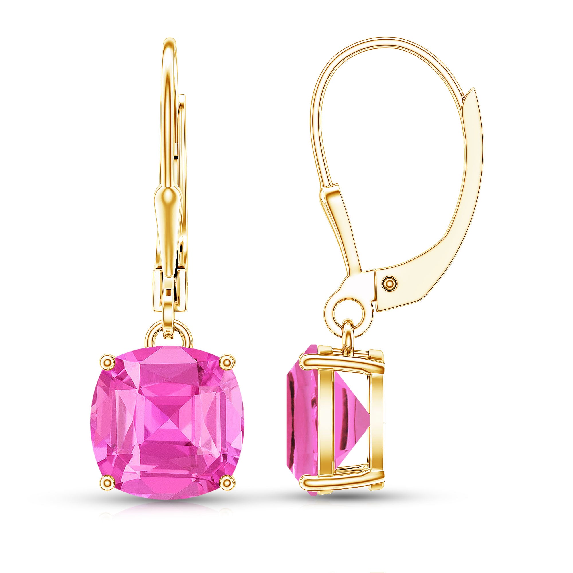 Cushion Cut Lab Created Pink Sapphire Solitaire Drop Earrings with Leverback AAAA - Rosec Jewels