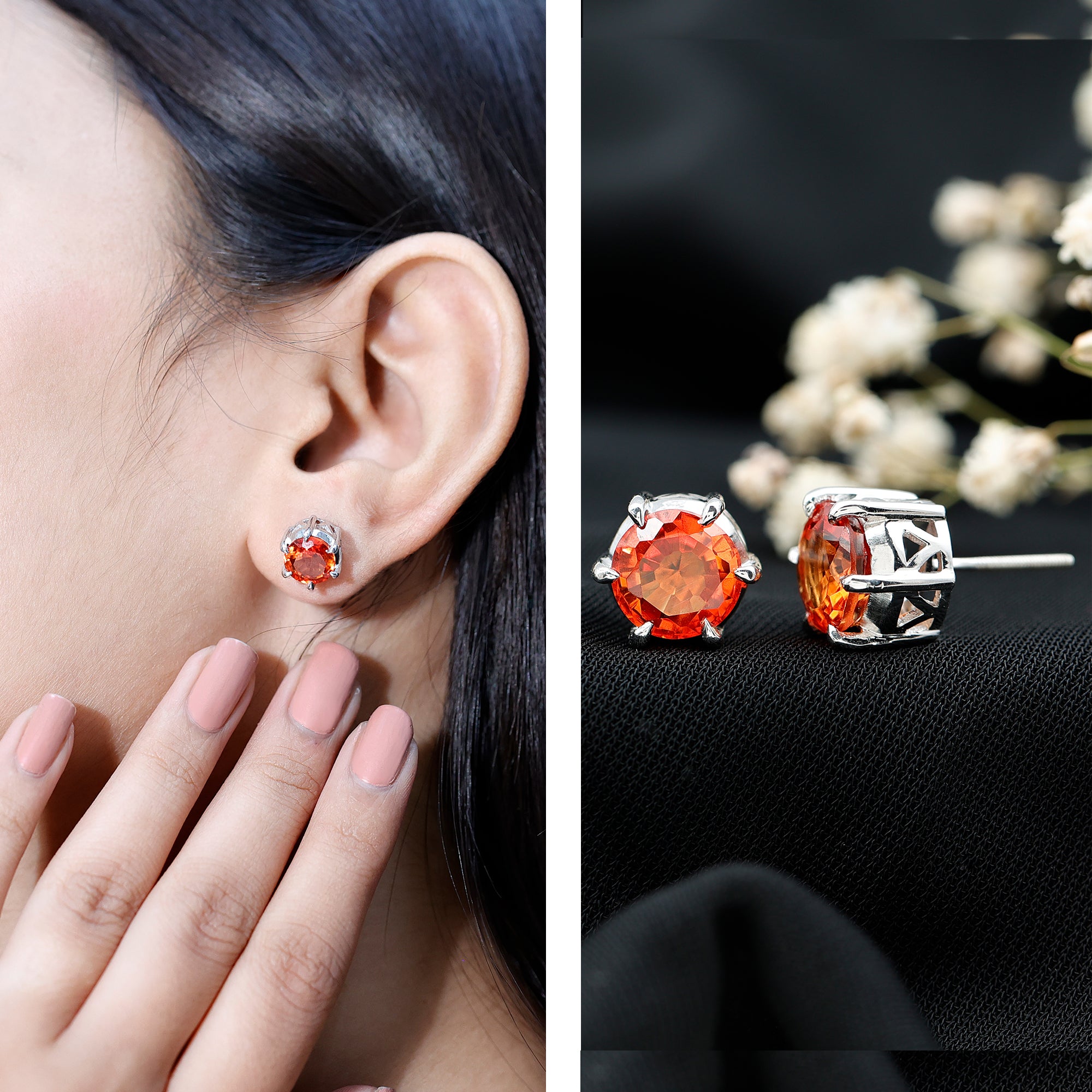 6 Claw Set Round Created Orange Sapphire Solitaire Stud Earrings AAAA - Rosec Jewels