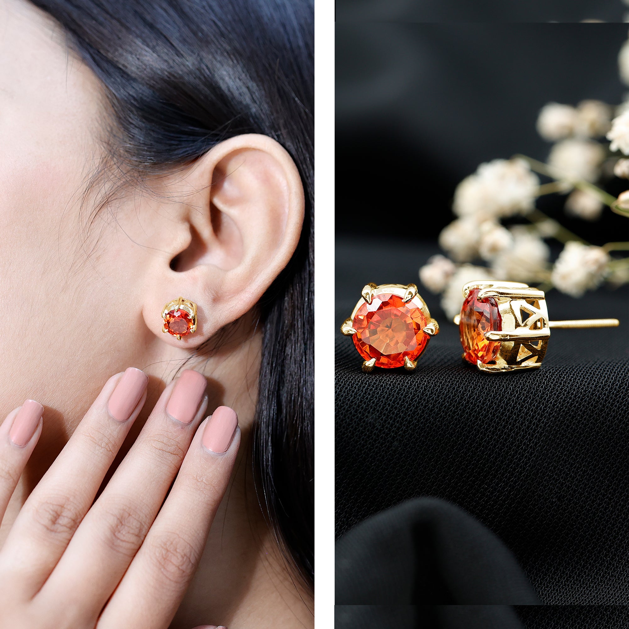 6 Claw Set Round Created Orange Sapphire Solitaire Stud Earrings AAAA - Rosec Jewels