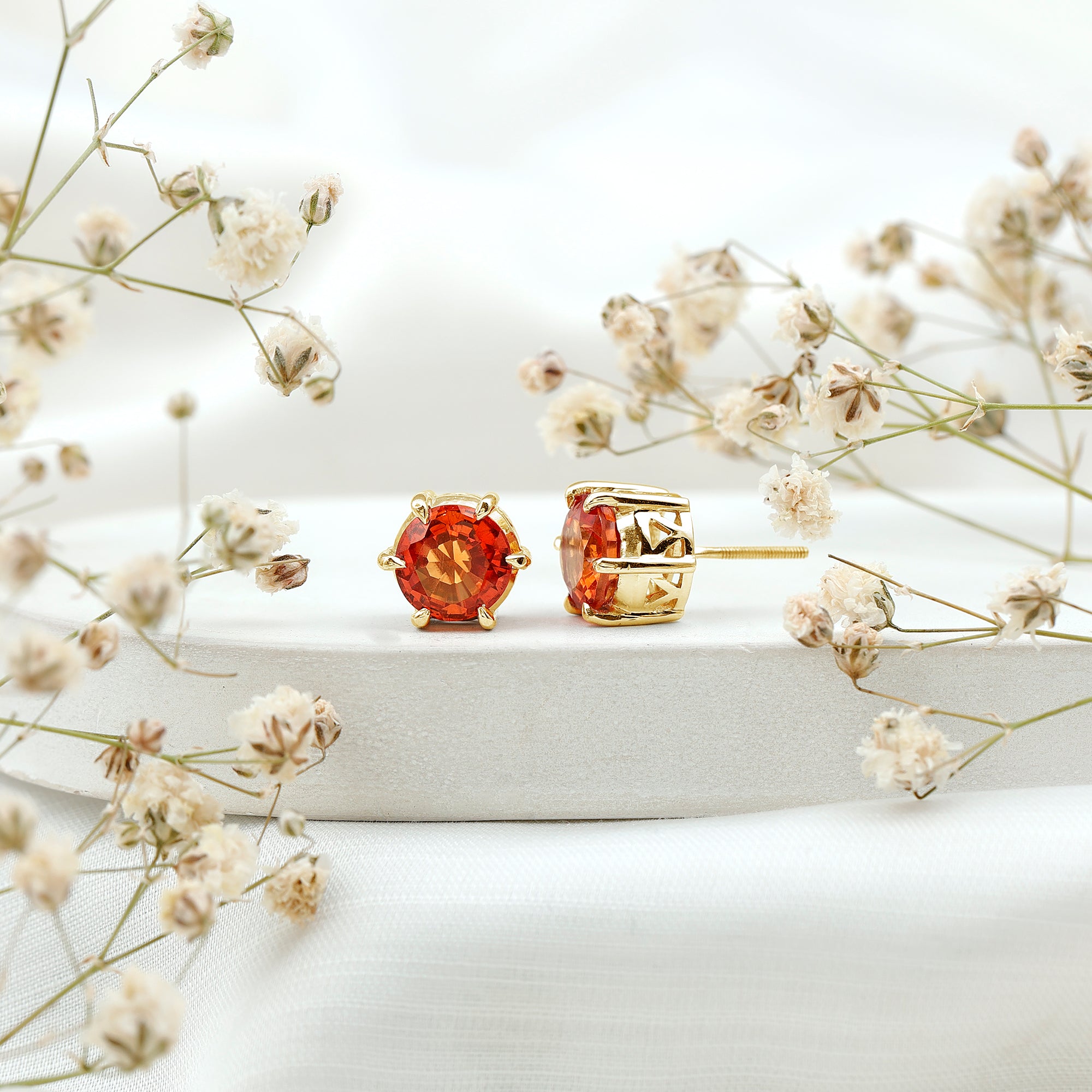 6 Claw Set Round Created Orange Sapphire Solitaire Stud Earrings AAAA - Rosec Jewels