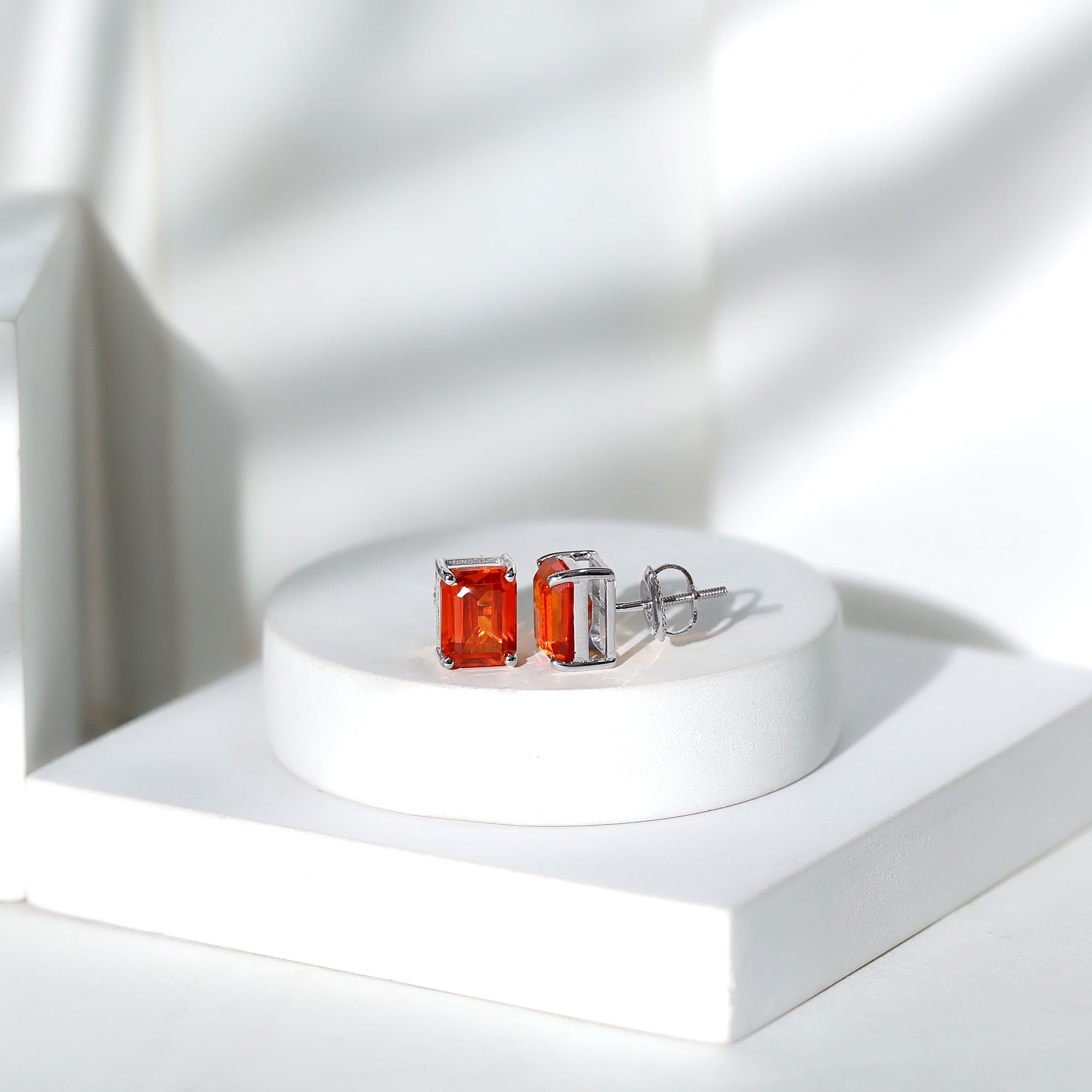 Lab Grown Orange Sapphire Emerald Cut Stud Earrings AAAA - Rosec Jewels
