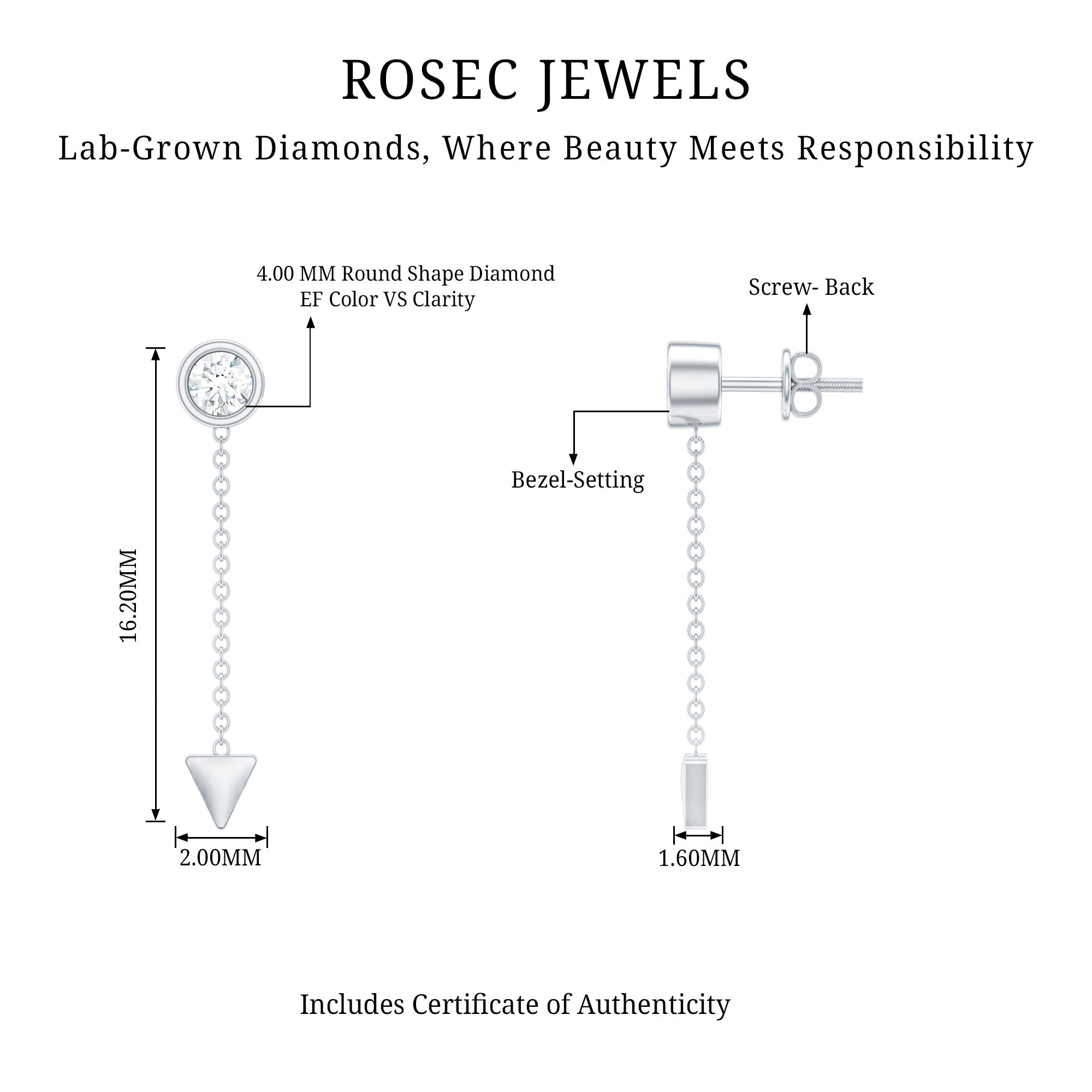 Certified Bezel Set Lab Grown Diamond Long Chain Earrings Lab - ( EF-VS ) - Rosec Jewels