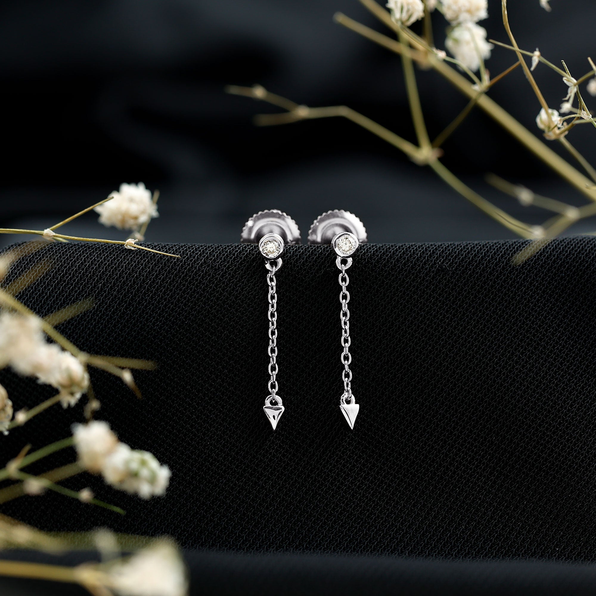 Certified Bezel Set Lab Grown Diamond Long Chain Earrings Lab - ( EF-VS ) - Rosec Jewels