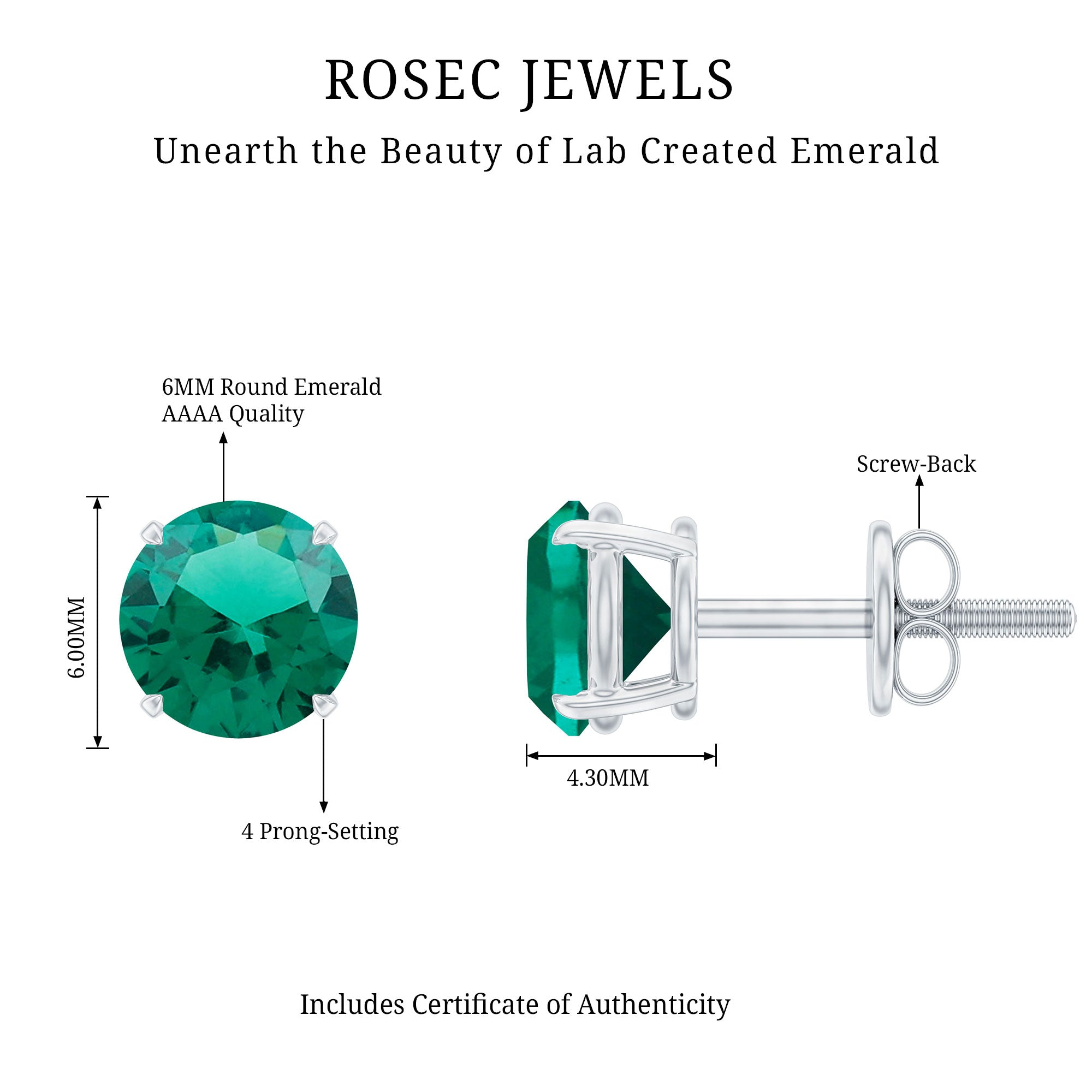 Round Shape Lab Grown Emerald Solitaire Stud Earrings AAAA - Rosec Jewels
