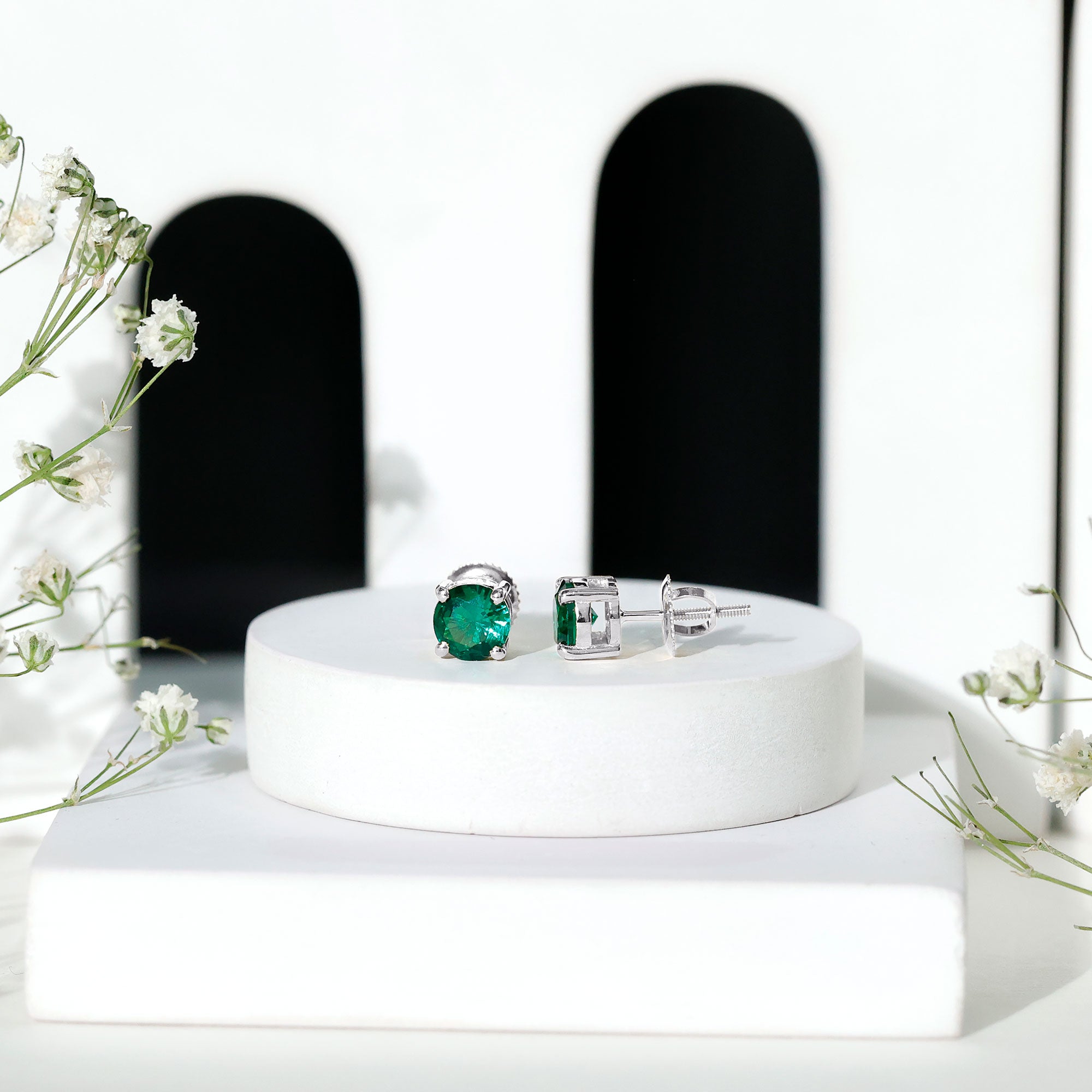 Round Shape Lab Grown Emerald Solitaire Stud Earrings AAAA - Rosec Jewels