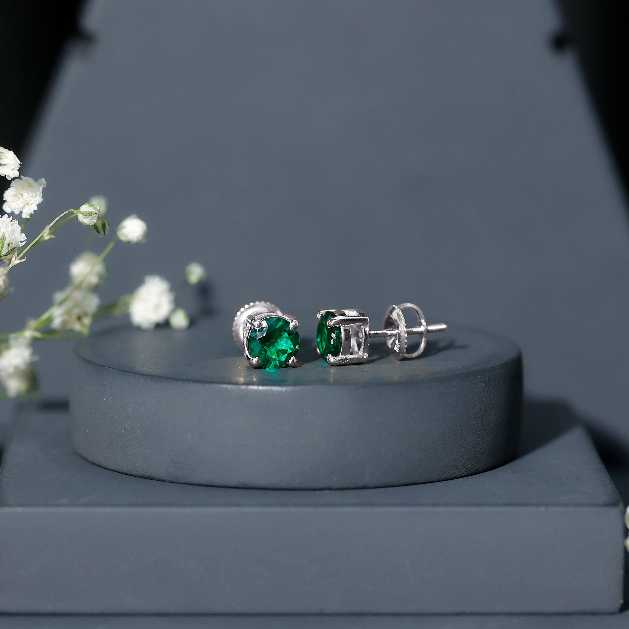 Round Shape Lab Grown Emerald Solitaire Stud Earrings AAAA - Rosec Jewels