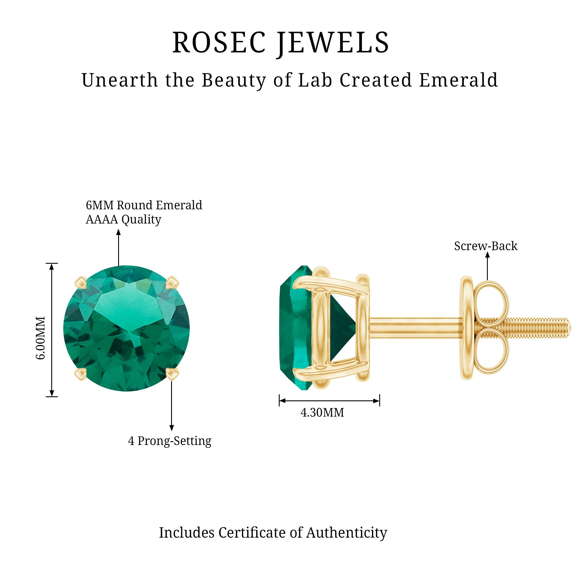 Round Shape Lab Grown Emerald Solitaire Stud Earrings AAAA - Rosec Jewels