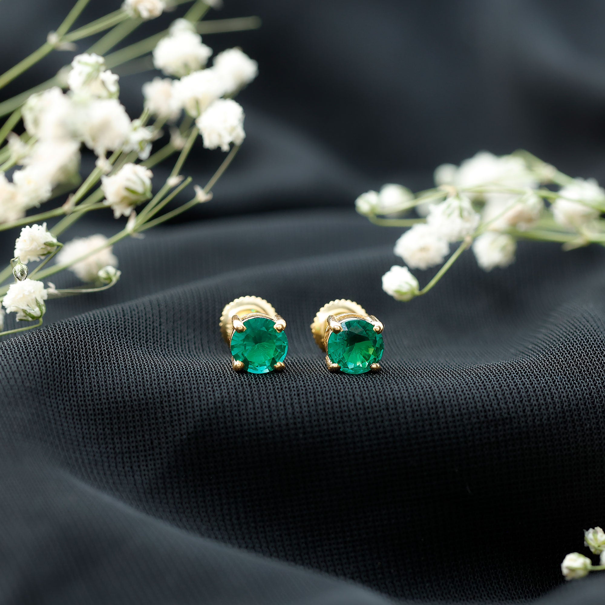 Round Shape Lab Grown Emerald Solitaire Stud Earrings AAAA - Rosec Jewels