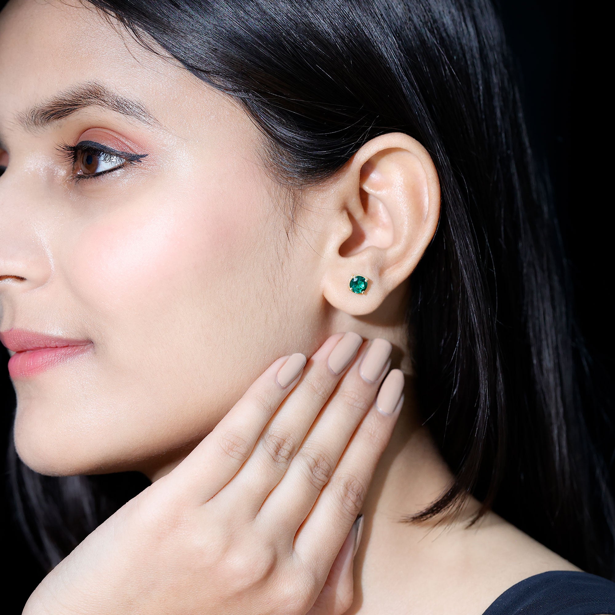 Round Shape Lab Grown Emerald Solitaire Stud Earrings AAAA - Rosec Jewels