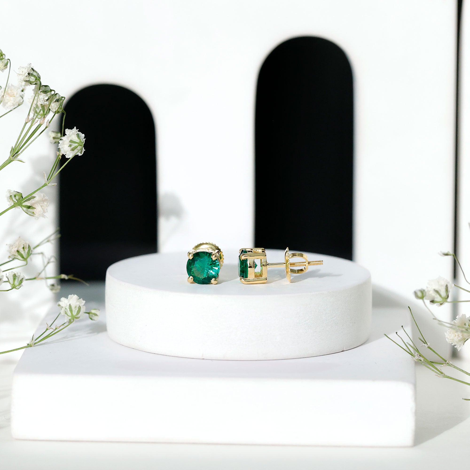 Round Shape Lab Grown Emerald Solitaire Stud Earrings AAAA - Rosec Jewels