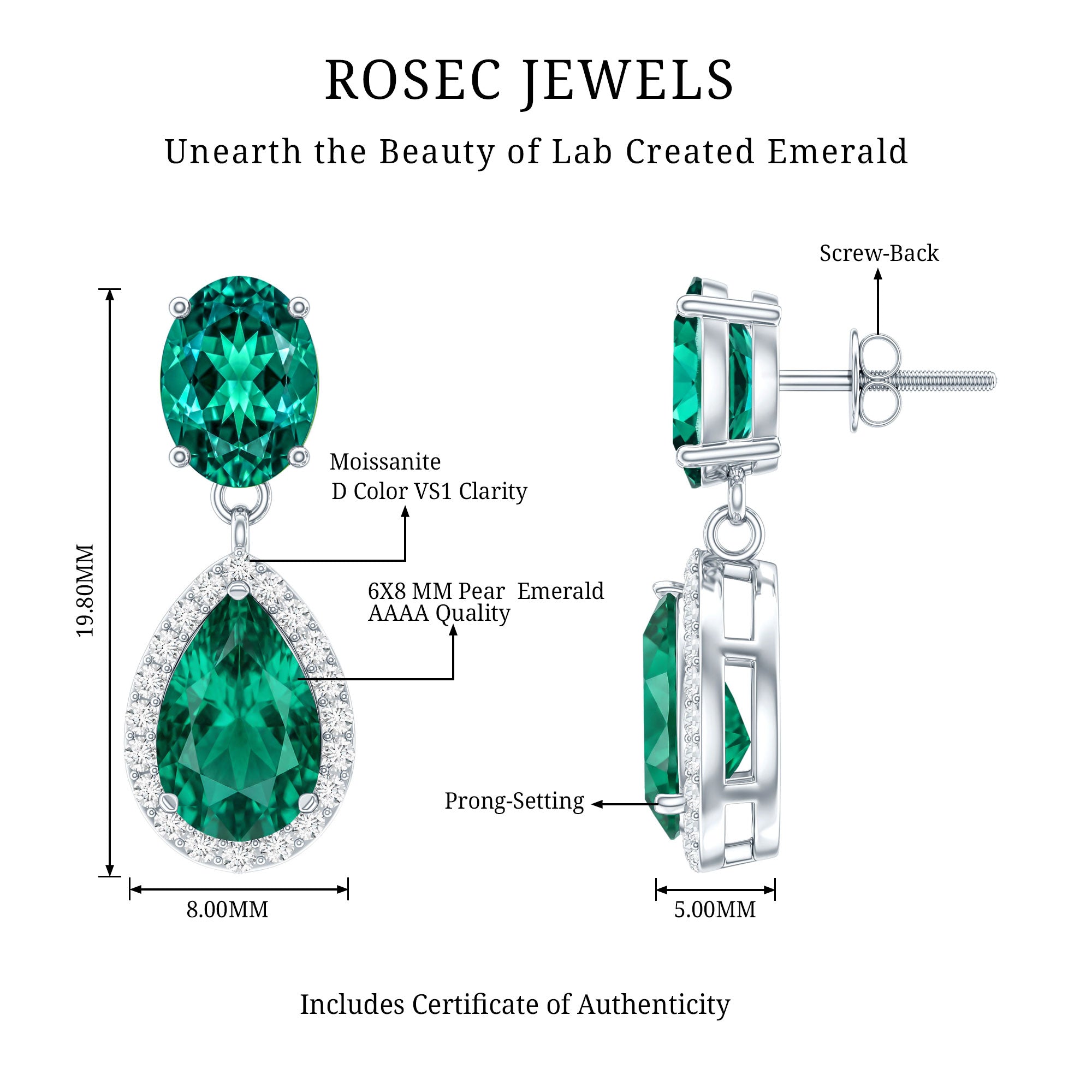 Lab Created Emerald Classic Dangle Earrings with Moissanite AAAA - Rosec Jewels